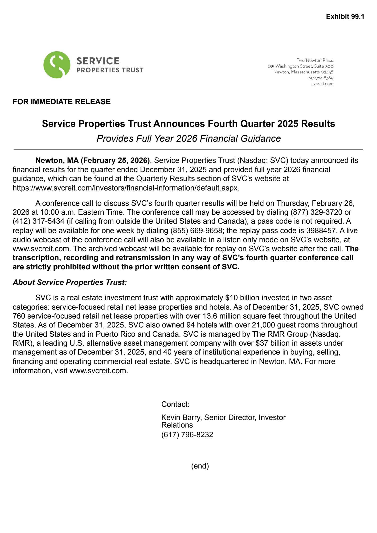 Service Properties Trust's Q4 2025 Press Release