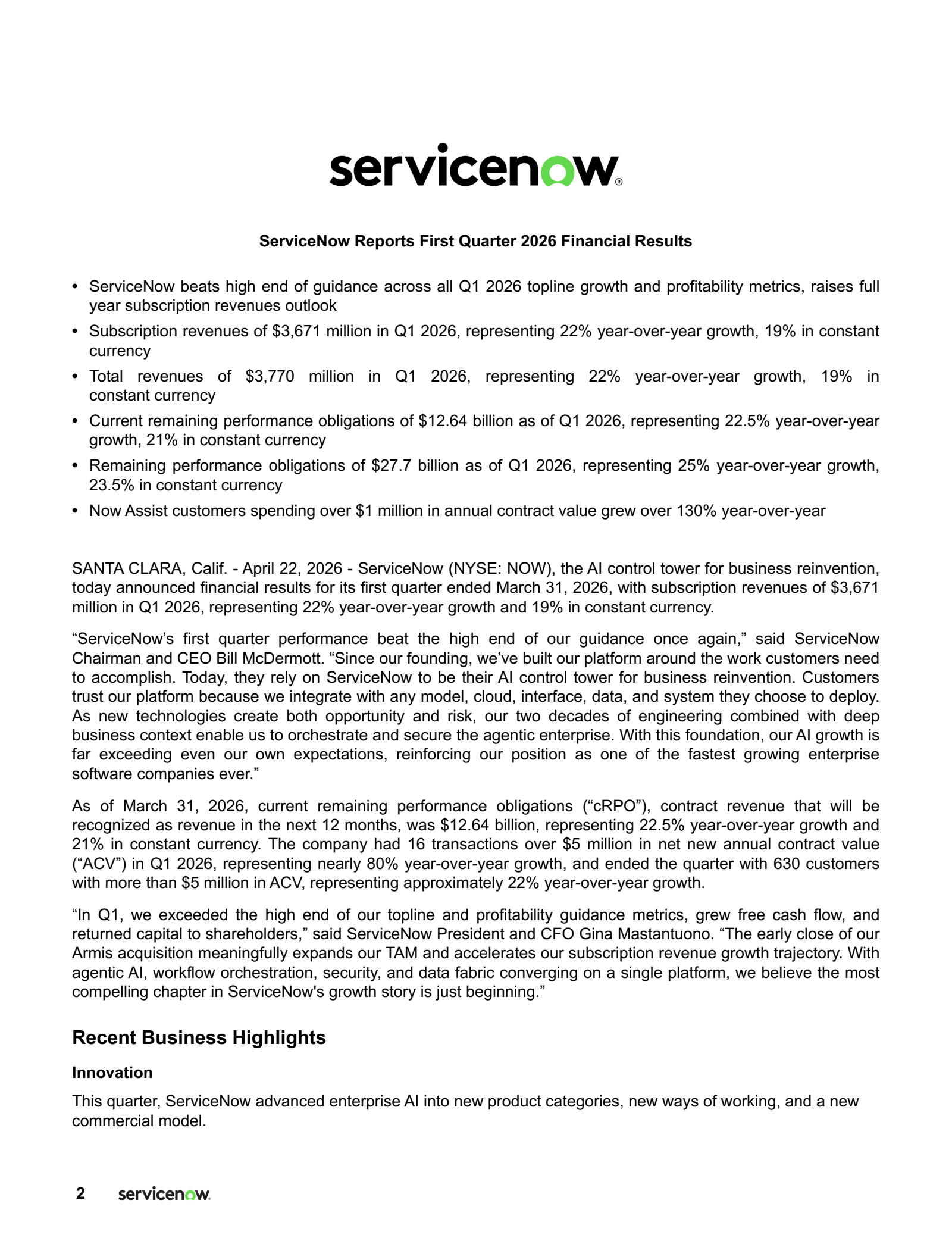 ServiceNow's Q1 2026 Press Release