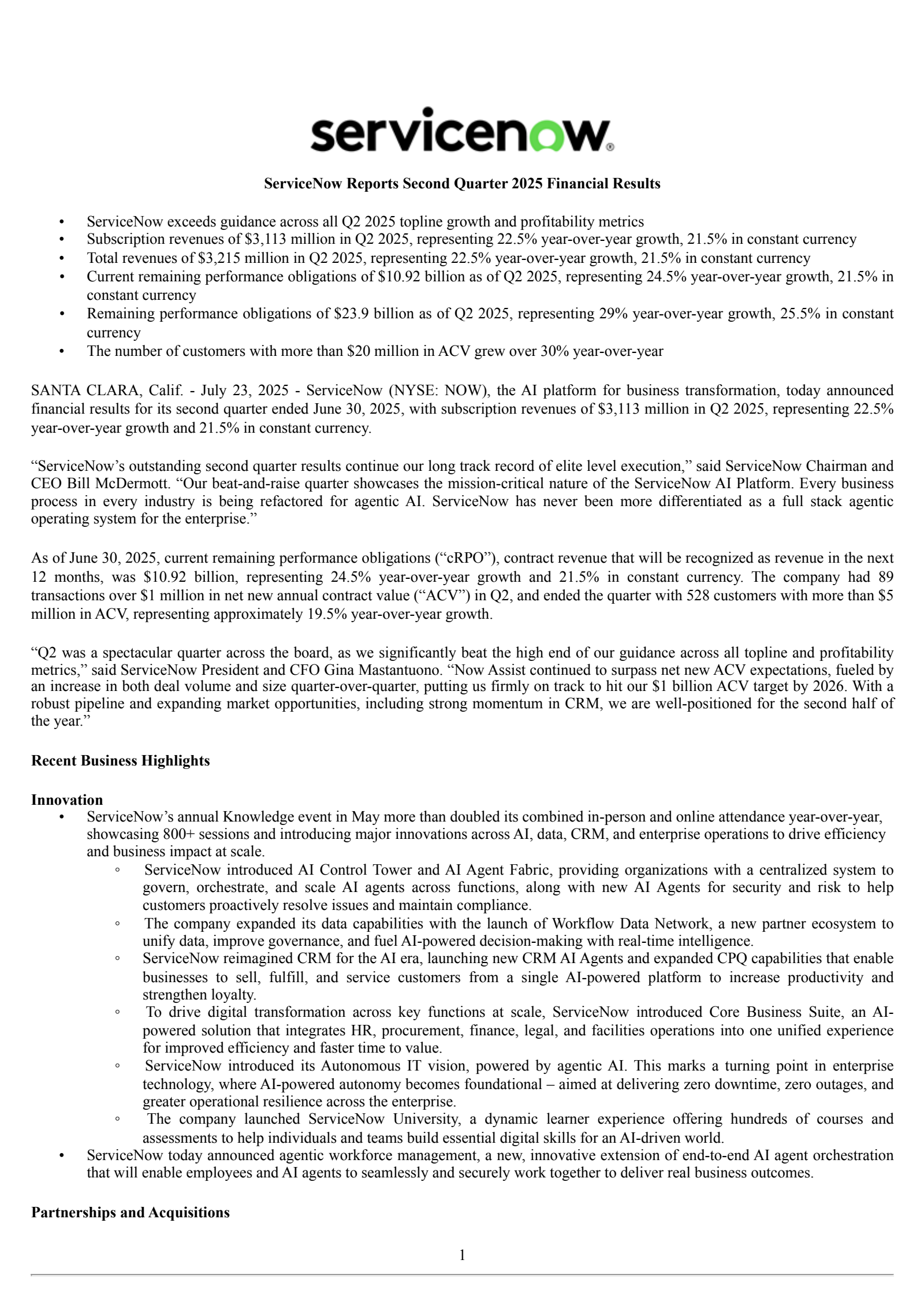 ServiceNow's Q2 2025 Press Release