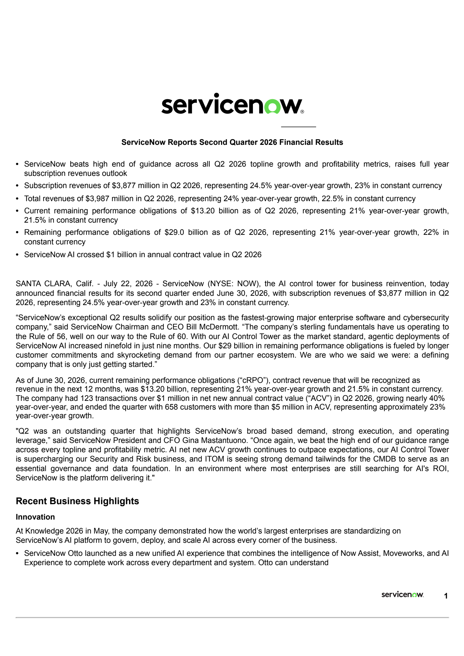 ServiceNow's Q2 2026 Press Release