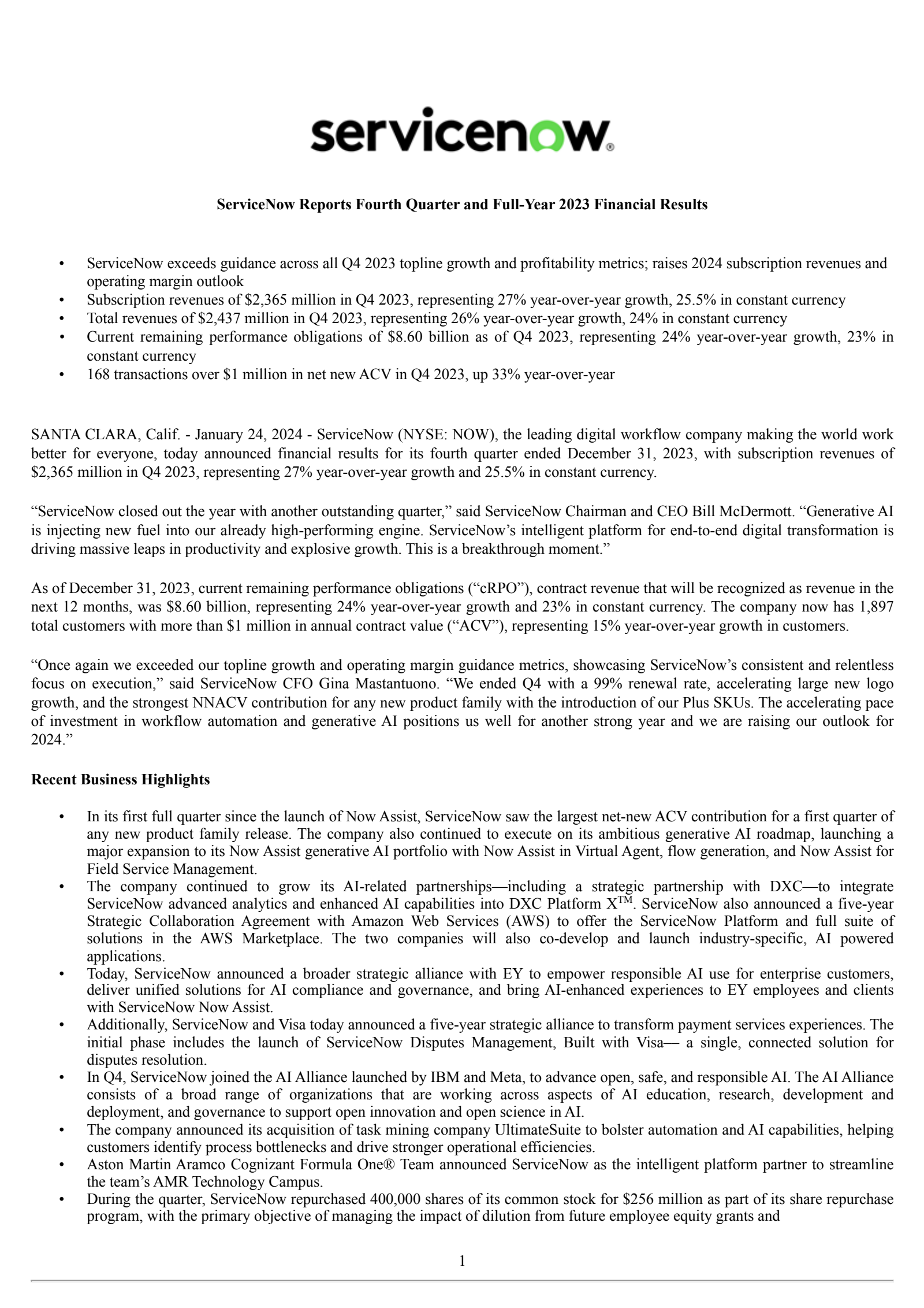 ServiceNow's Q4 2023 Press Release