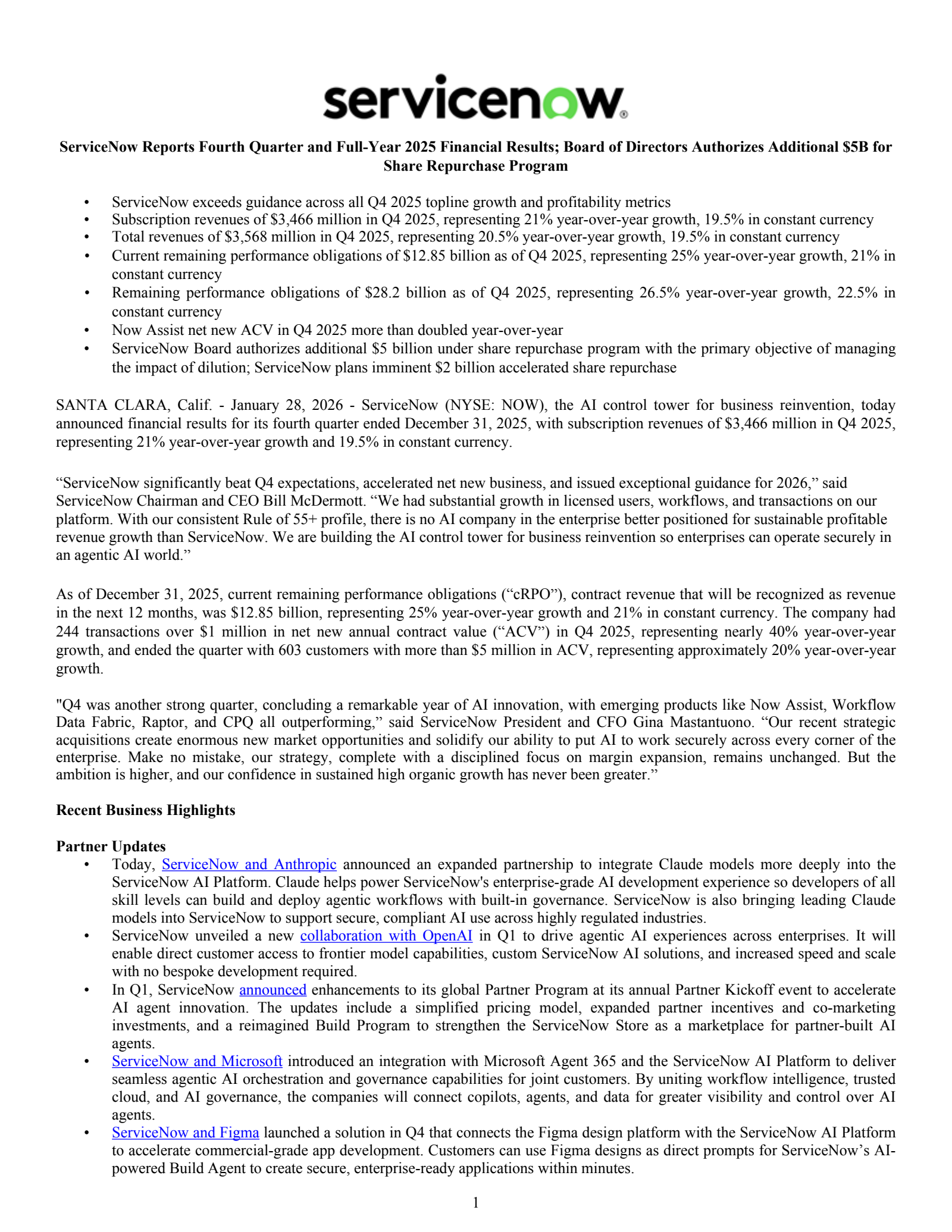 ServiceNow's Q4 2025 Press Release