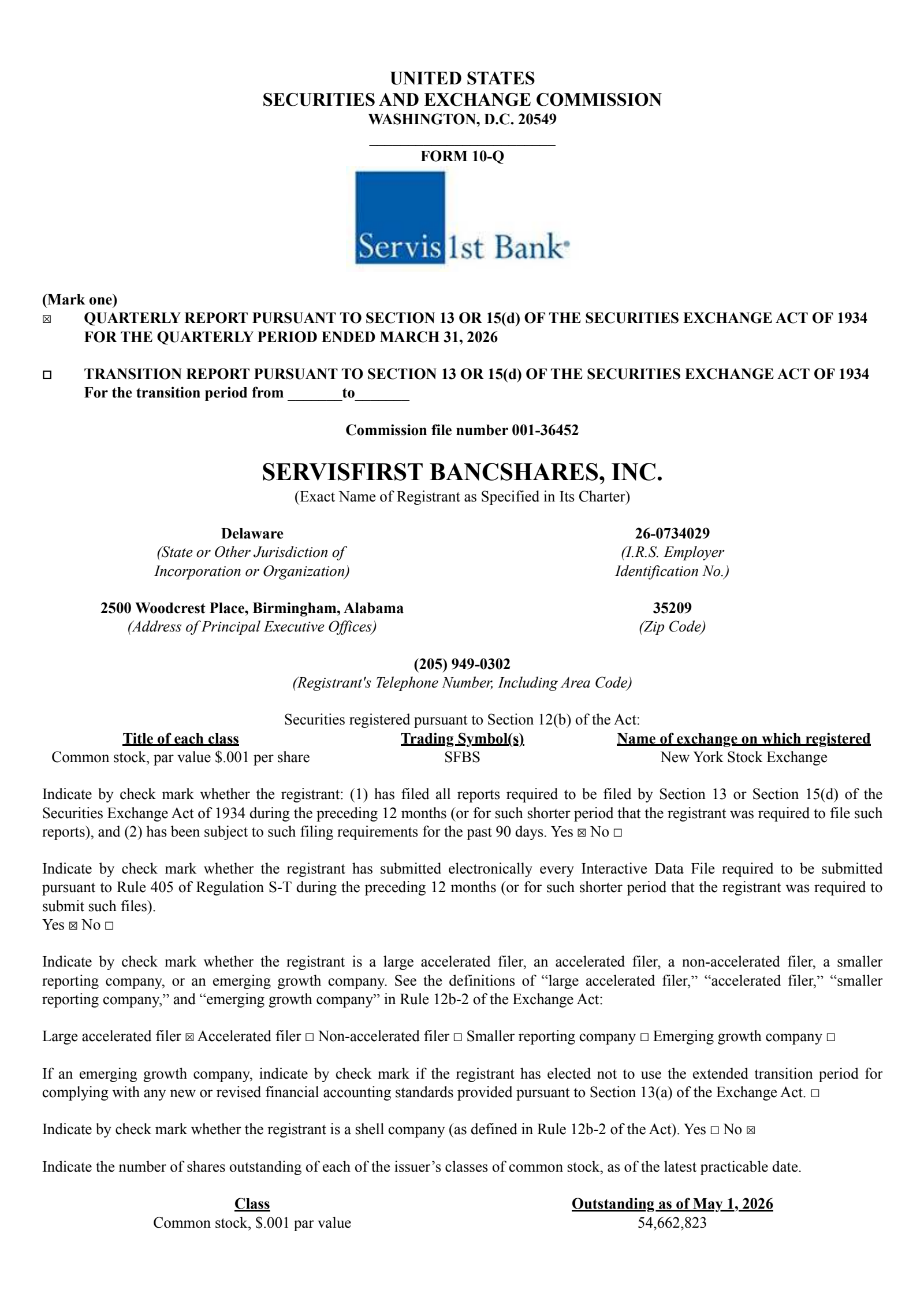 ServisFirst Bancshares' Q1 2026 Quarterly report
