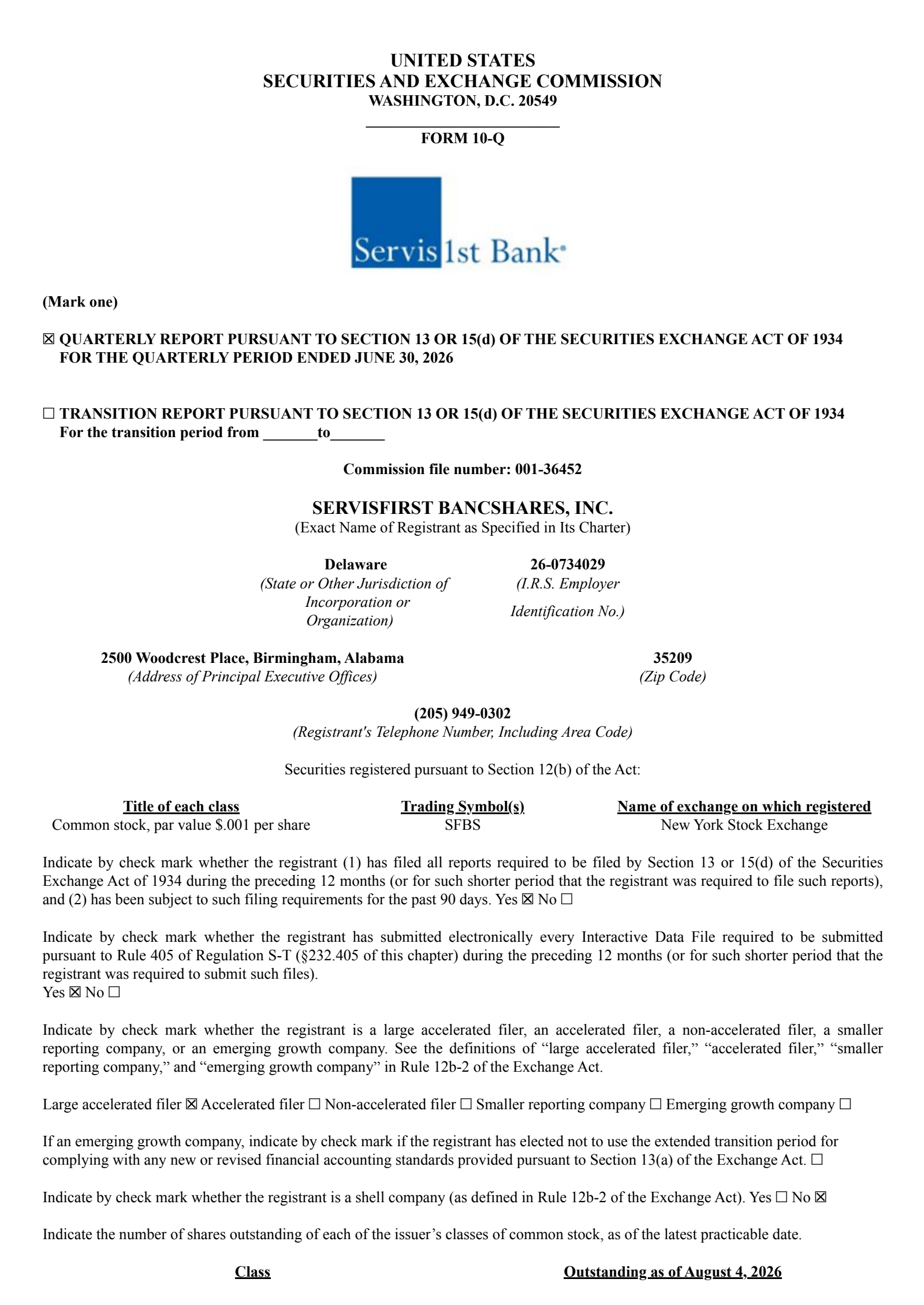 ServisFirst Bancshares' Q2 2026 Quarterly report
