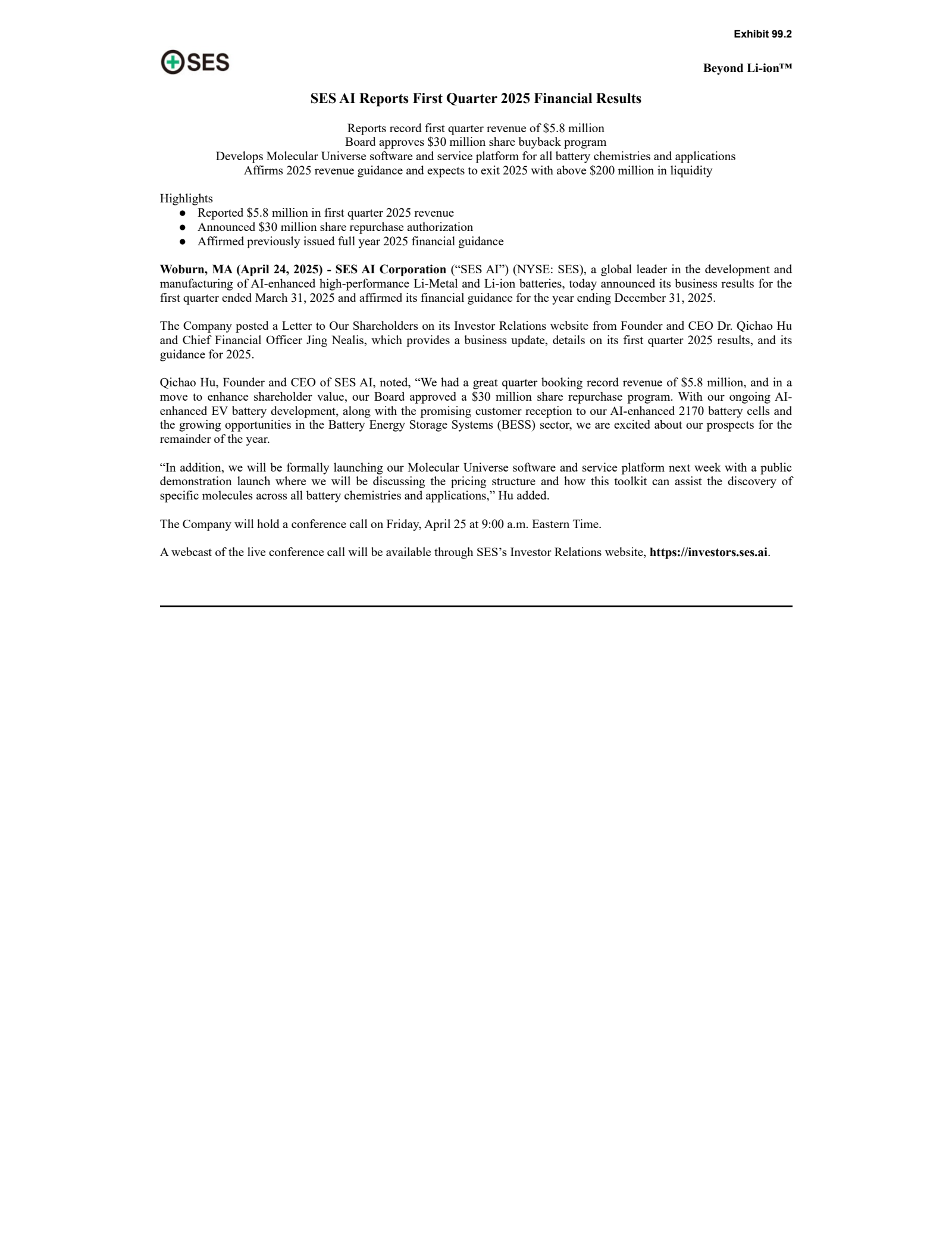 SES AI's Q1 2025 Earnings Release