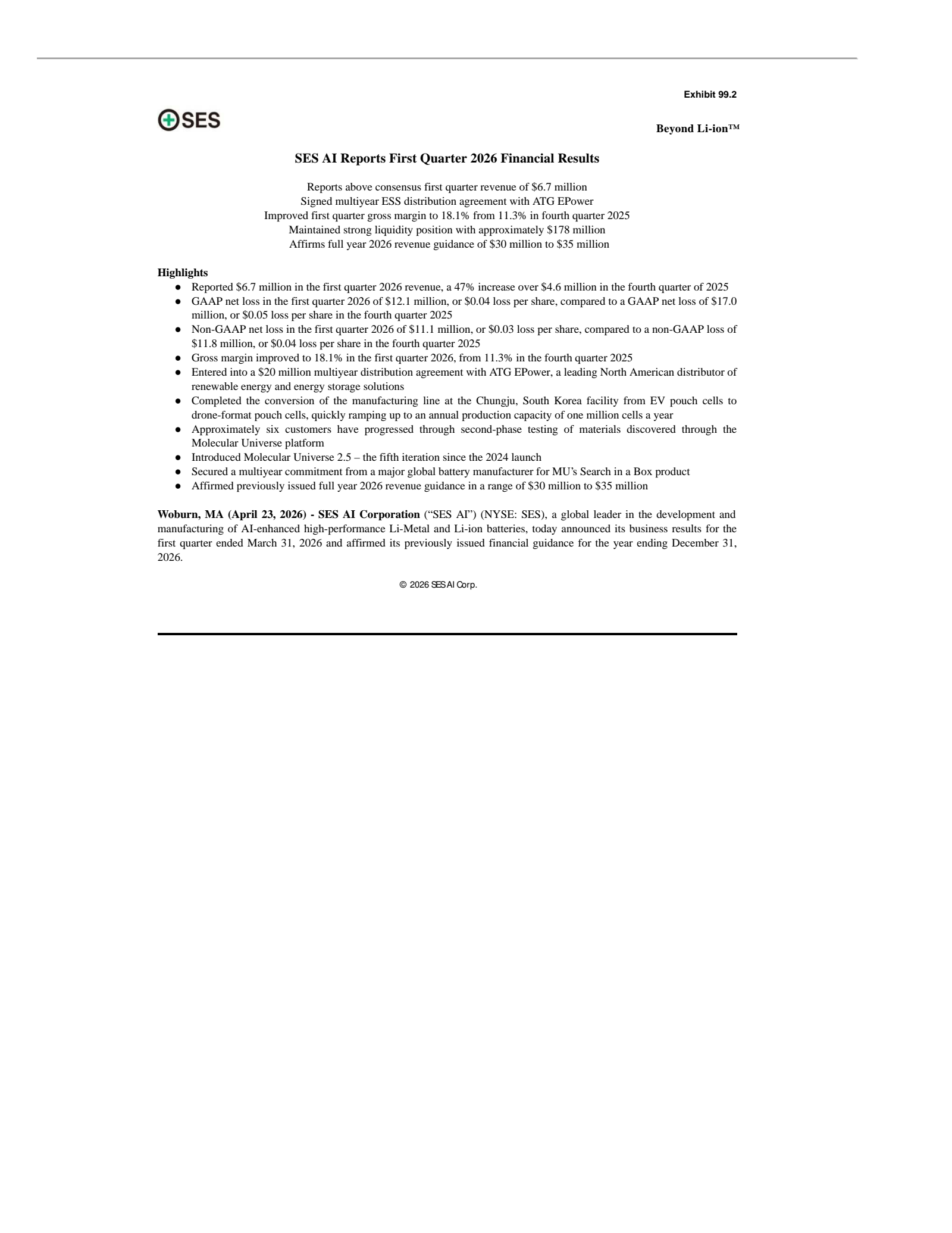 SES AI's Q1 2026 Press Release