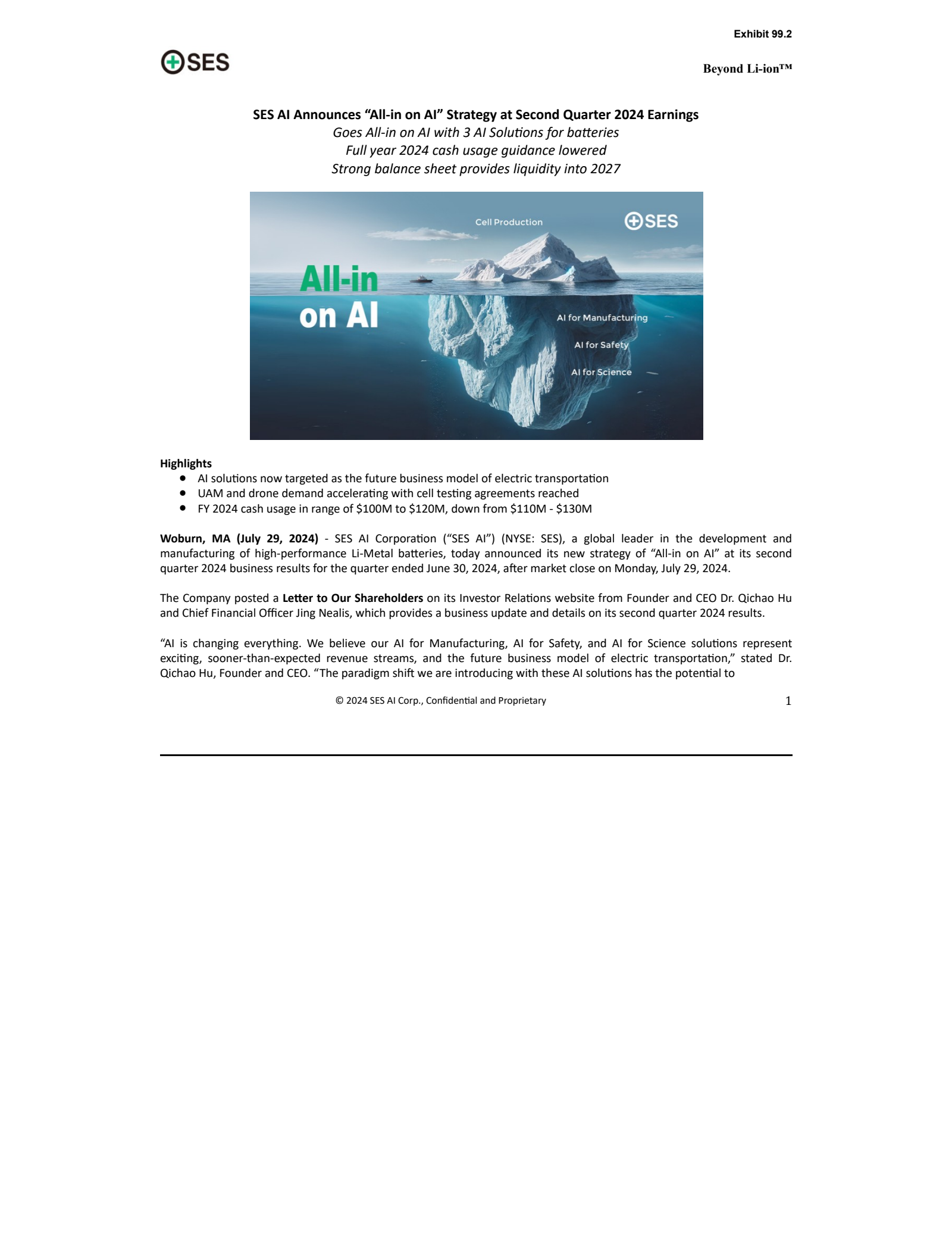 SES AI's Q2 2024 Earnings Release