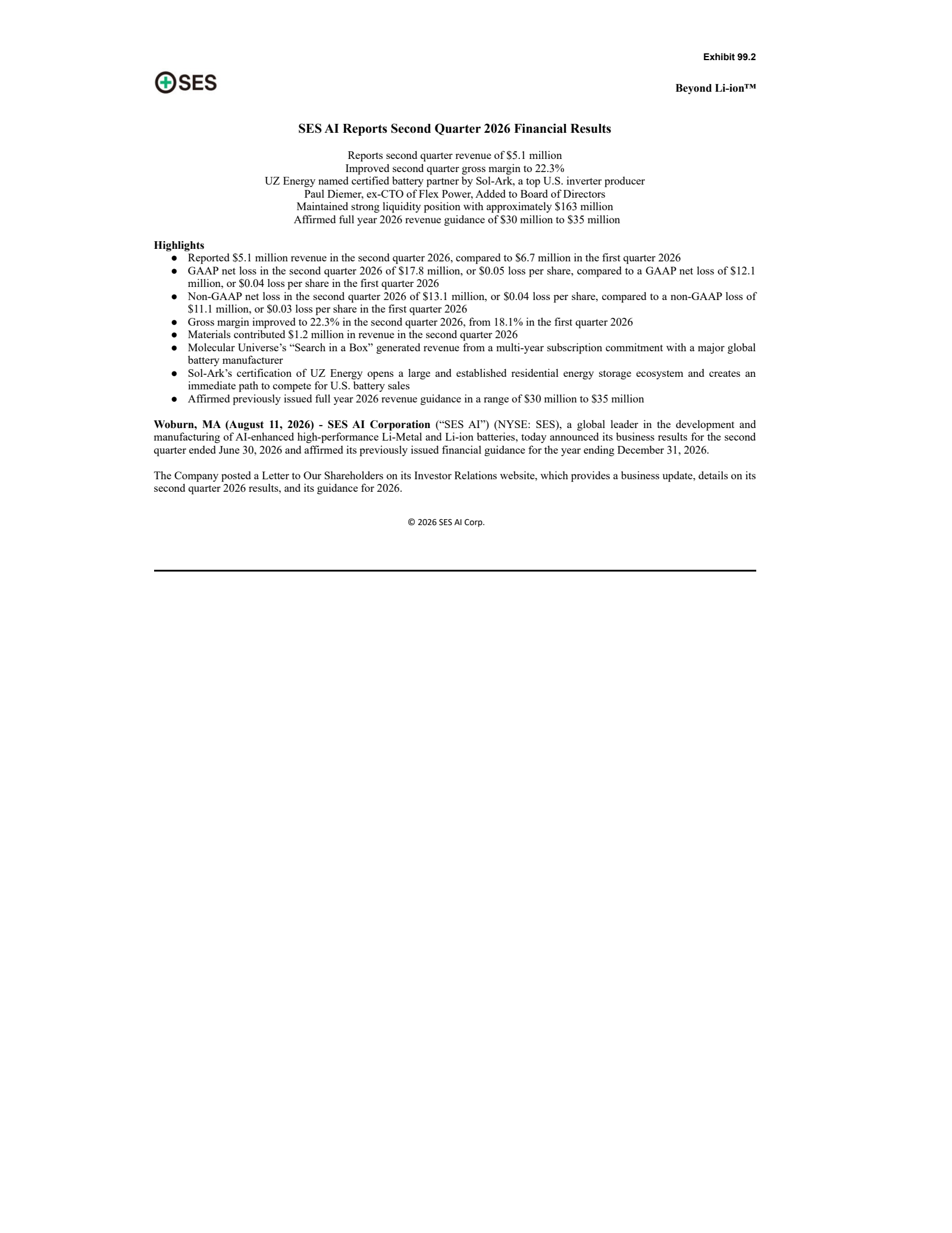 SES AI's Q2 2026 Press Release
