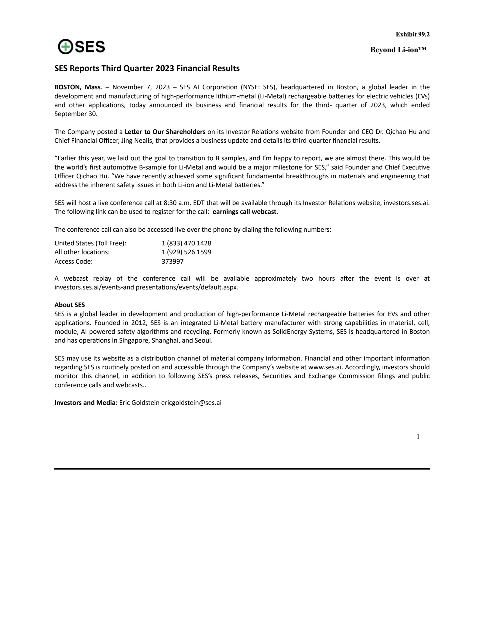 SES AI's Q3 2023 Earnings Release