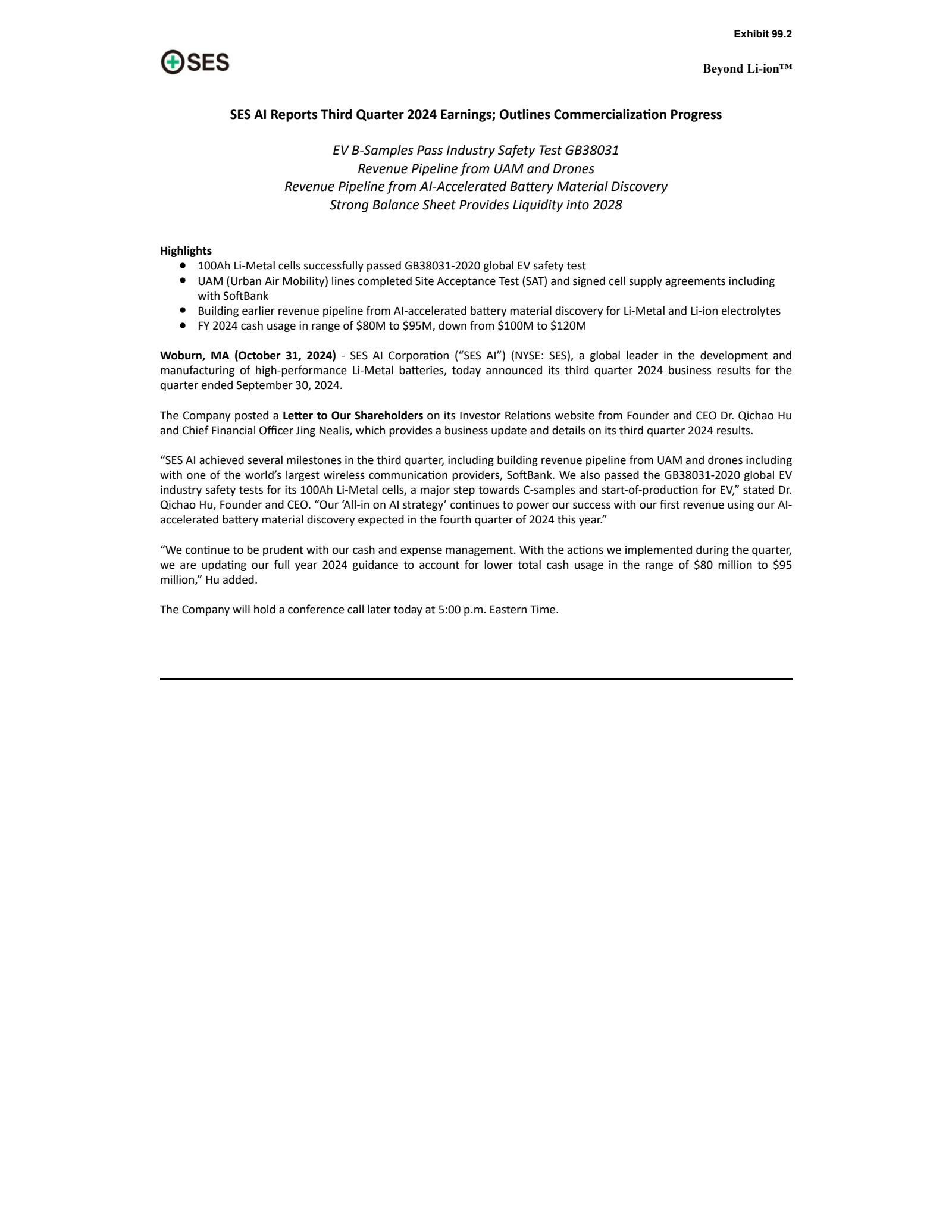 SES AI's Q3 2024 Earnings Release
