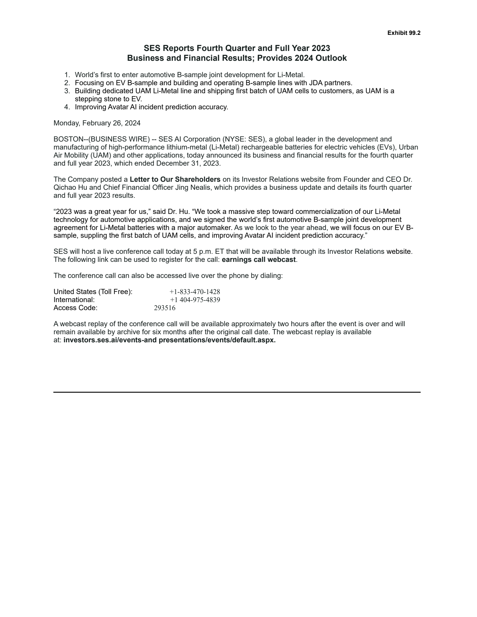 SES AI's Q4 2023 Earnings Release