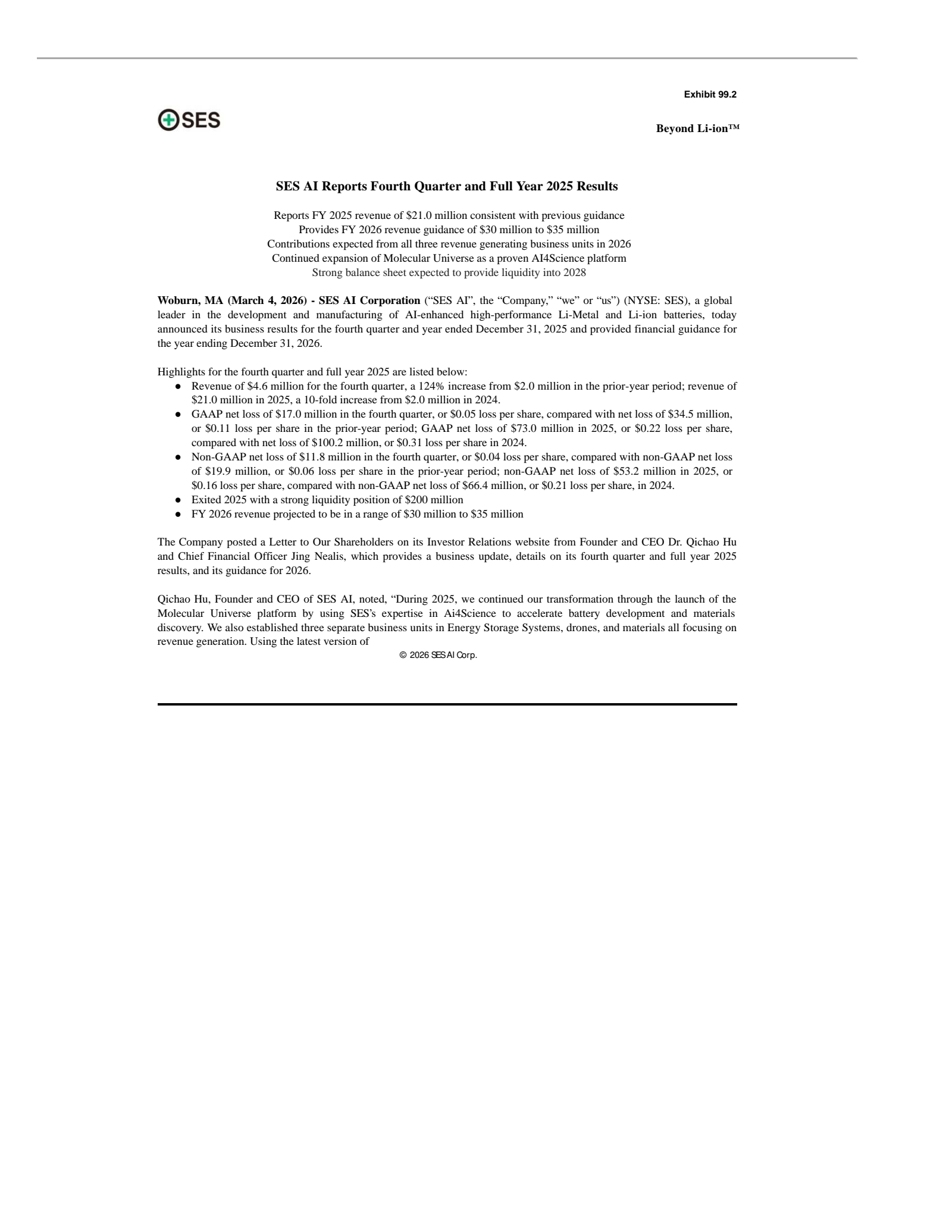 SES AI's Q4 2025 Press Release