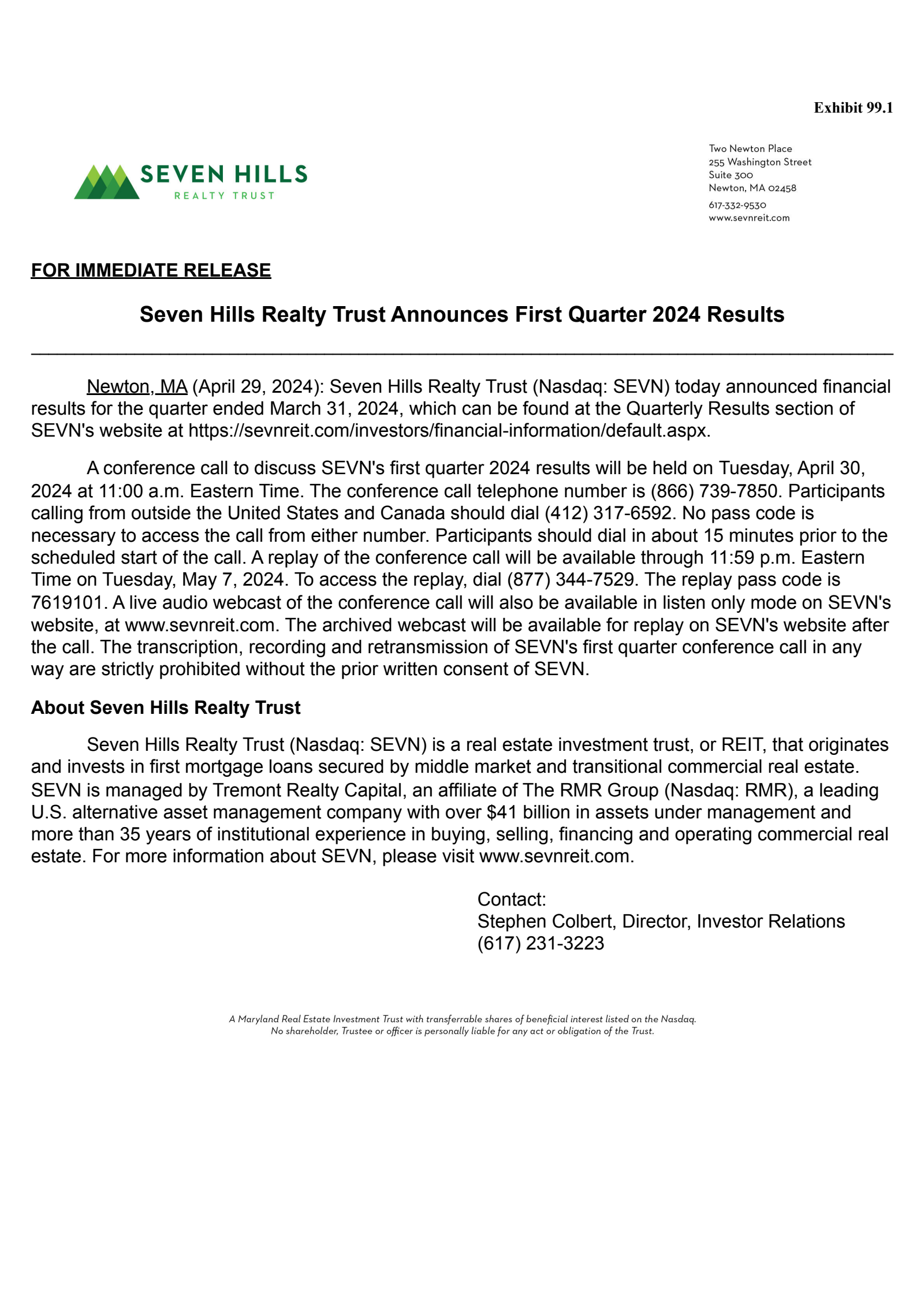 Seven Hills Realty Trust's Q1 2024 Press Release