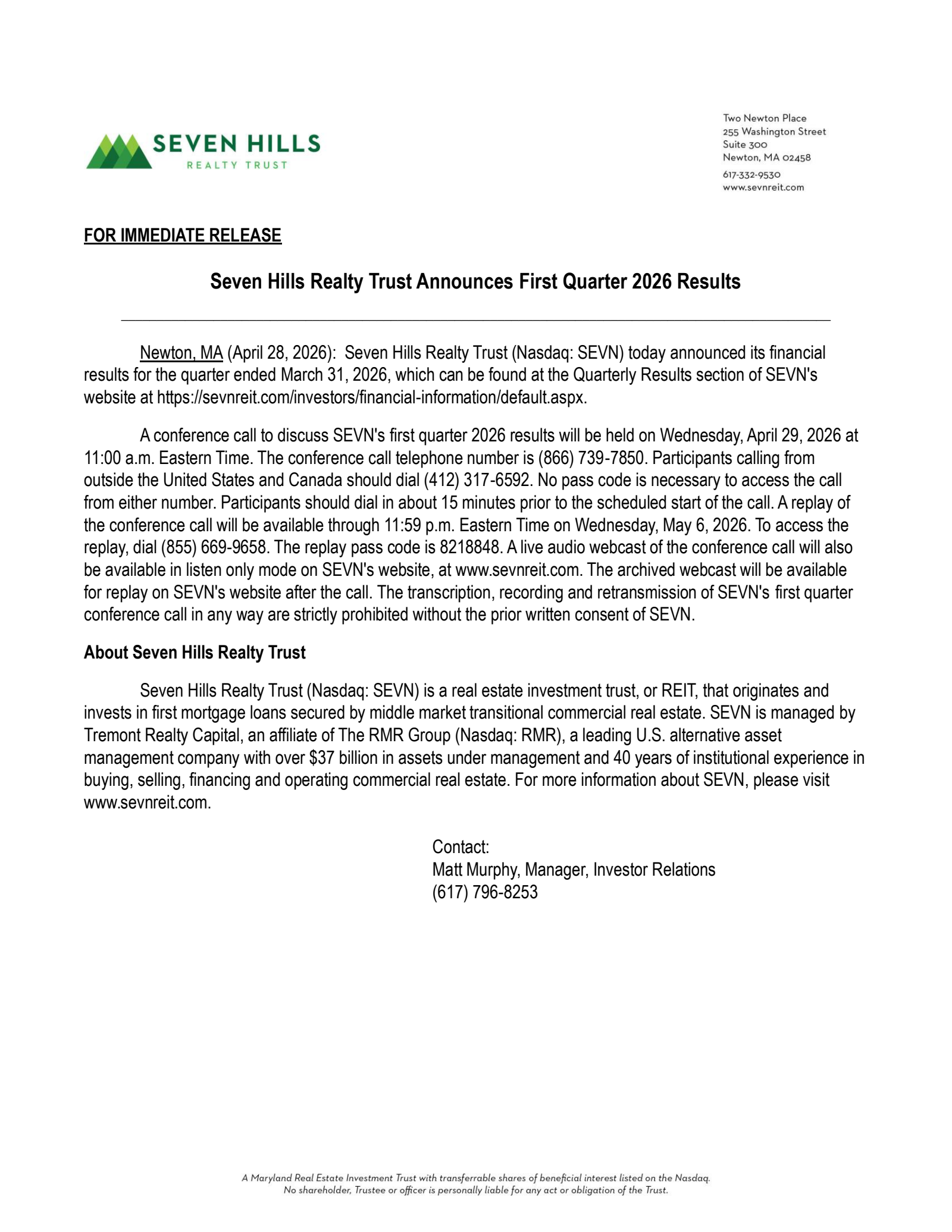 Seven Hills Realty Trust's Q1 2026 Press Release