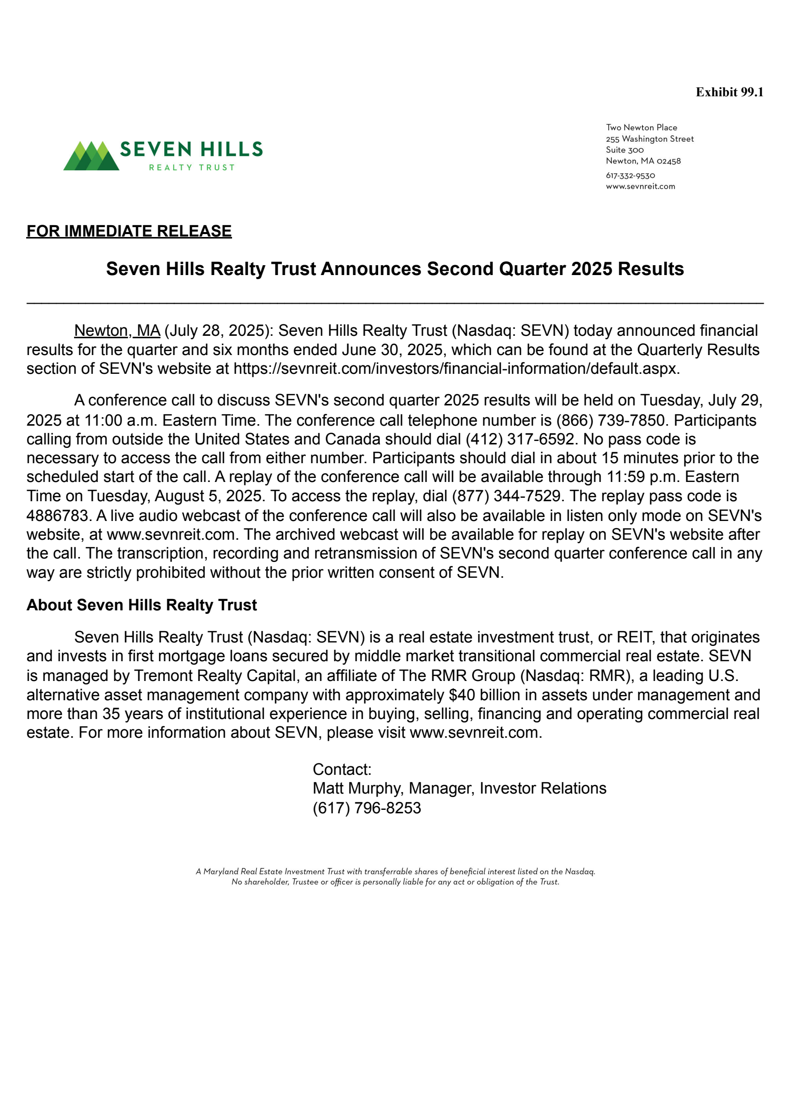Seven Hills Realty Trust's Q2 2025 Press Release
