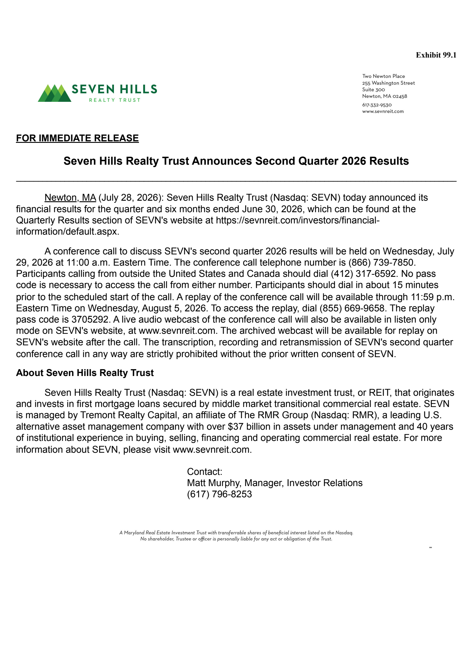 Seven Hills Realty Trust's Q2 2026 Press Release