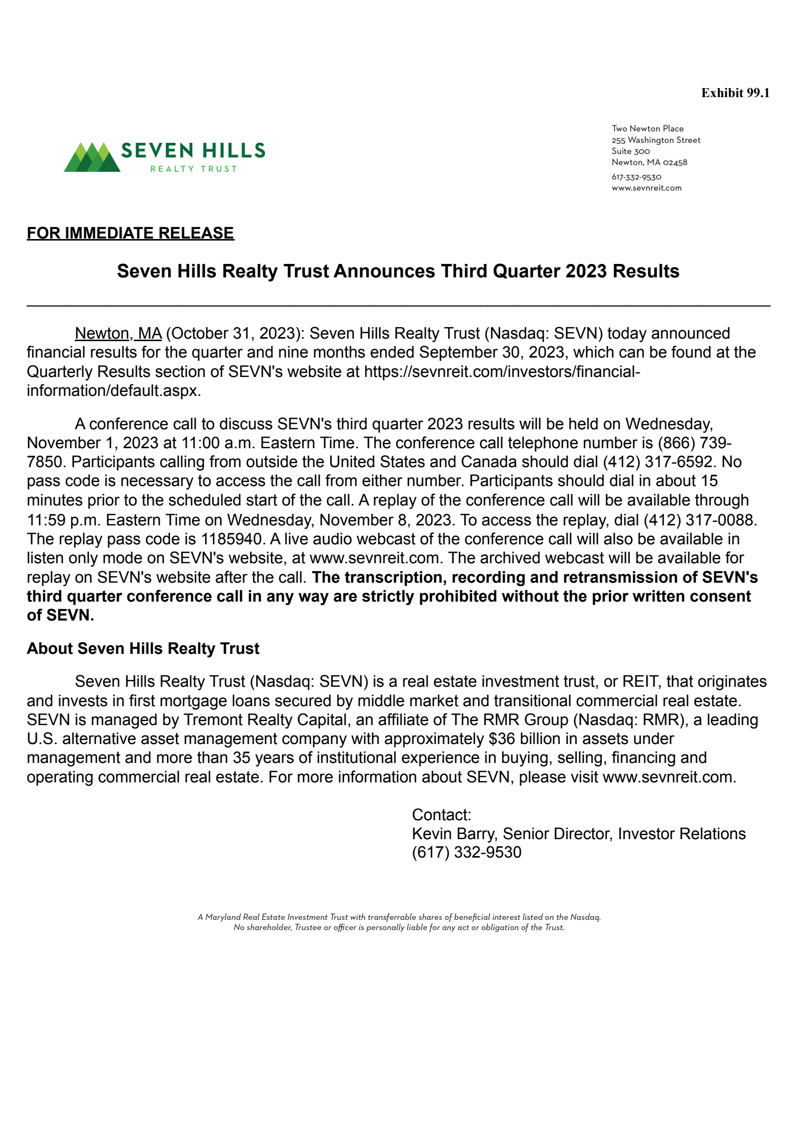 Seven Hills Realty Trust's Q3 2023 Press Release