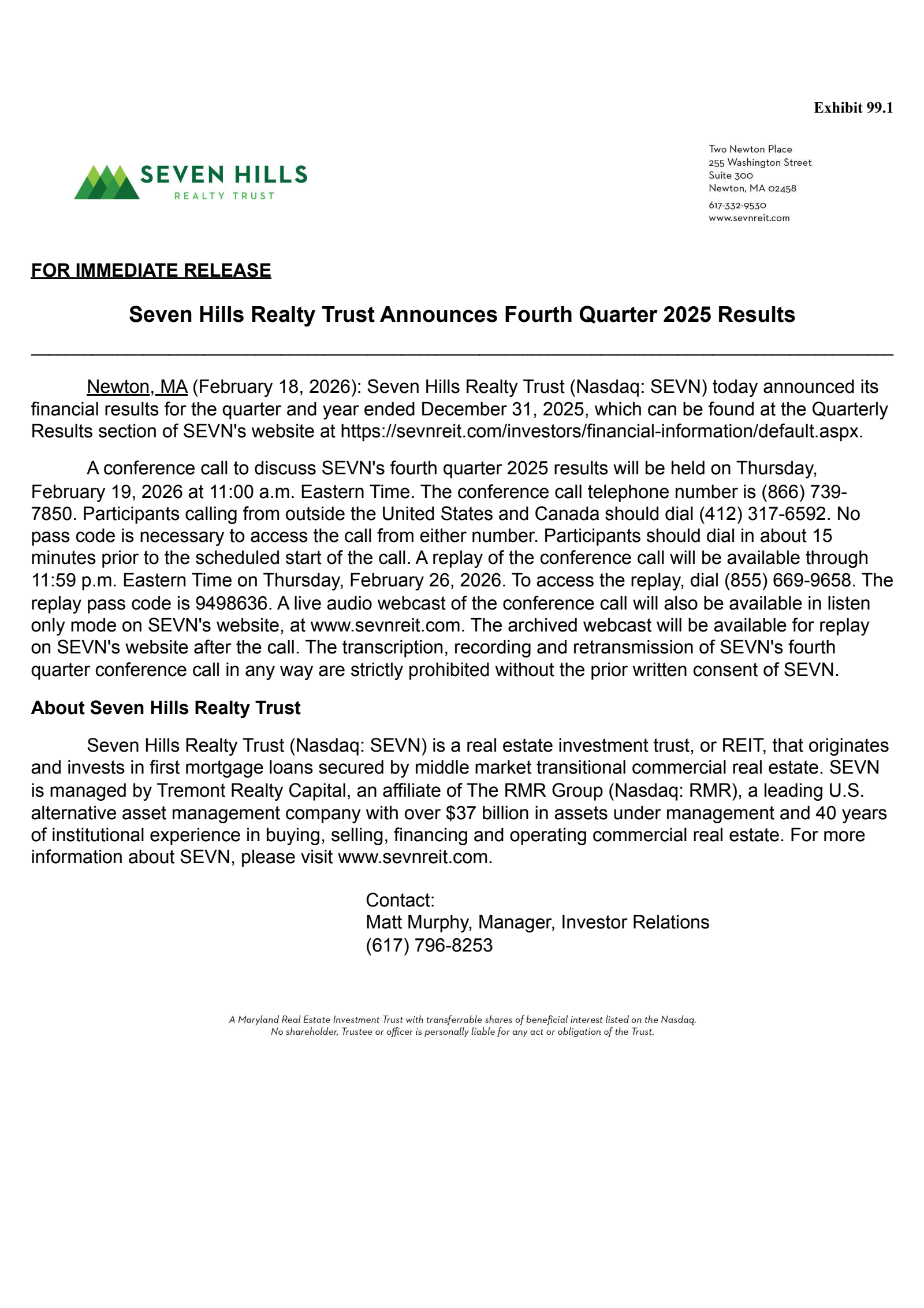 Seven Hills Realty Trust's Q4 2025 Press Release