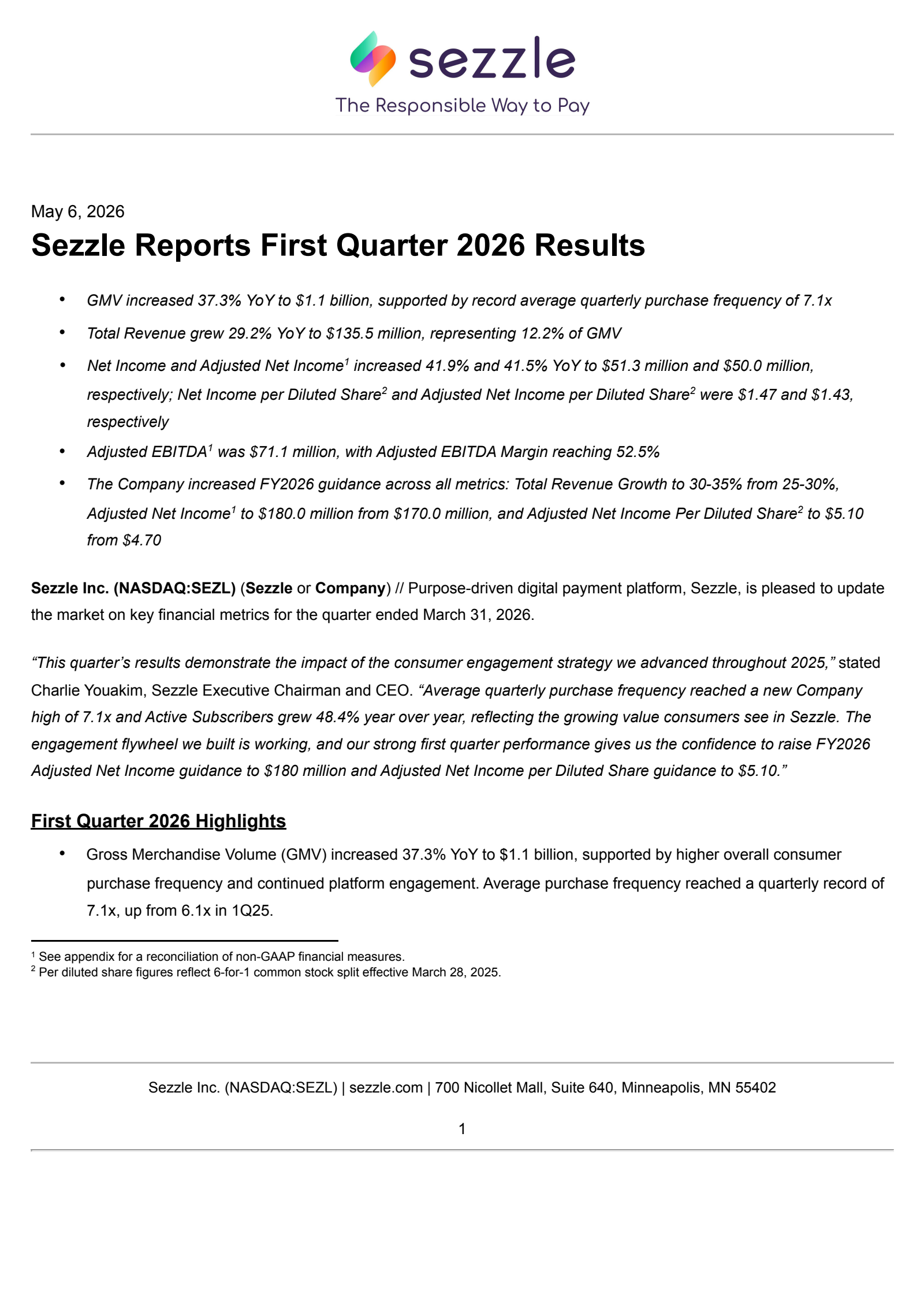 Sezzle's Q1 2026 Press Release