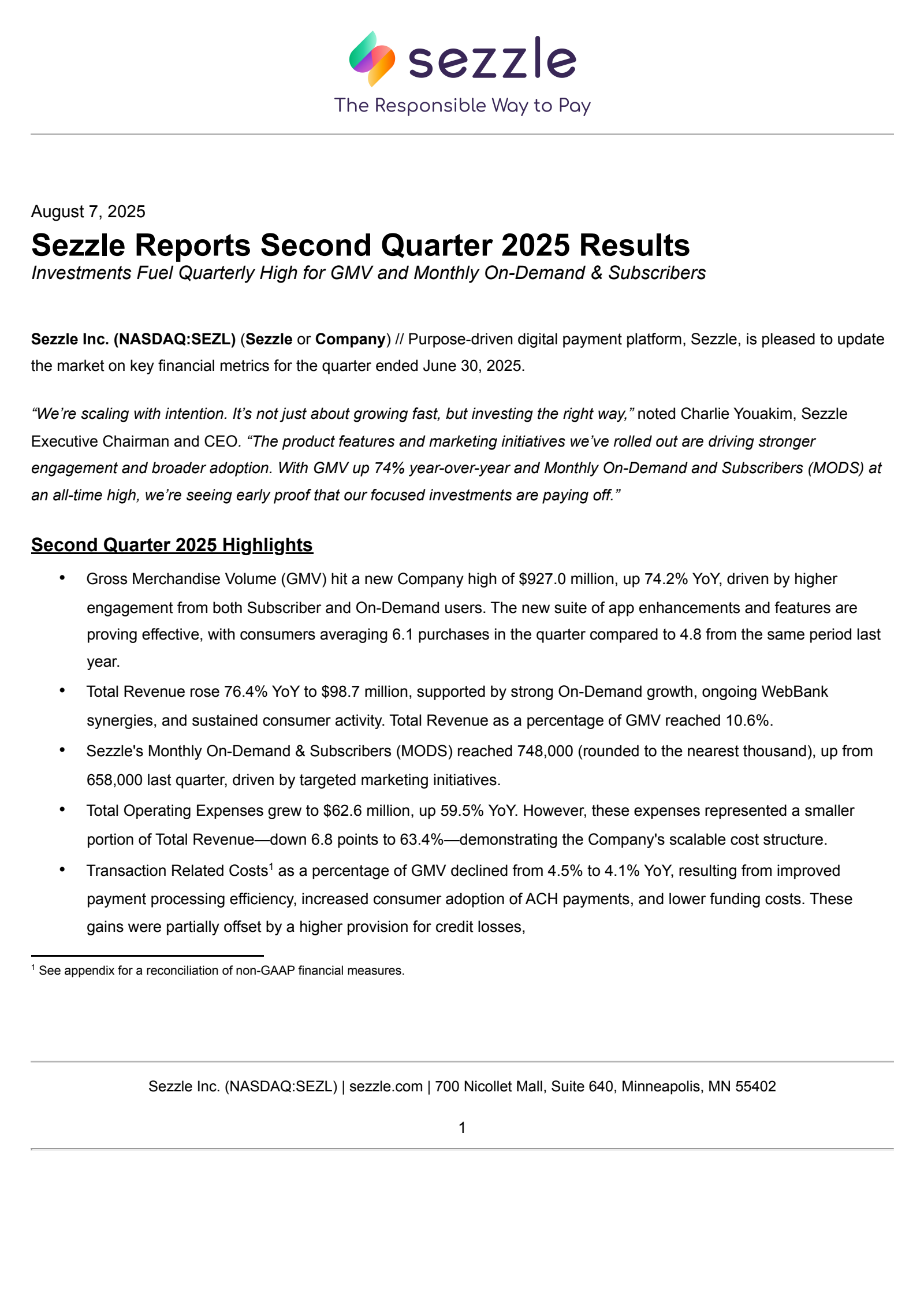 Sezzle's Q2 2025 Press Release