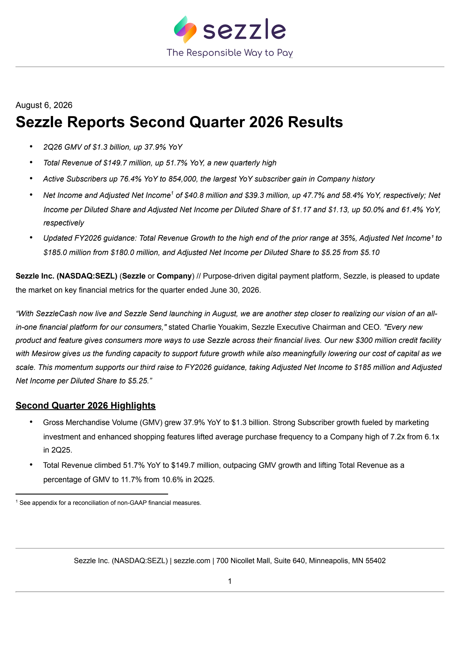 Sezzle's Q2 2026 Press Release