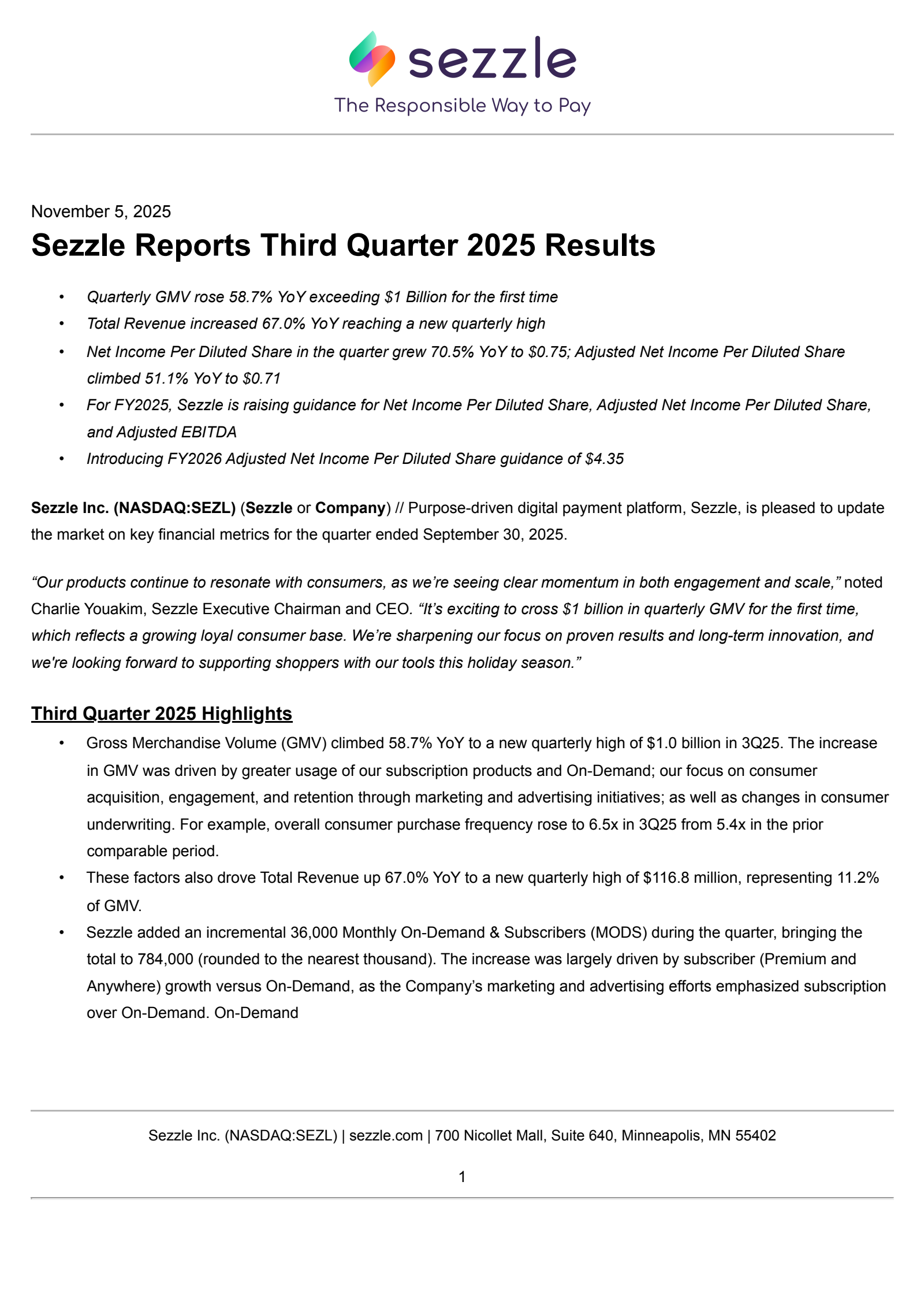 Sezzle's Q3 2025 Earnings Release