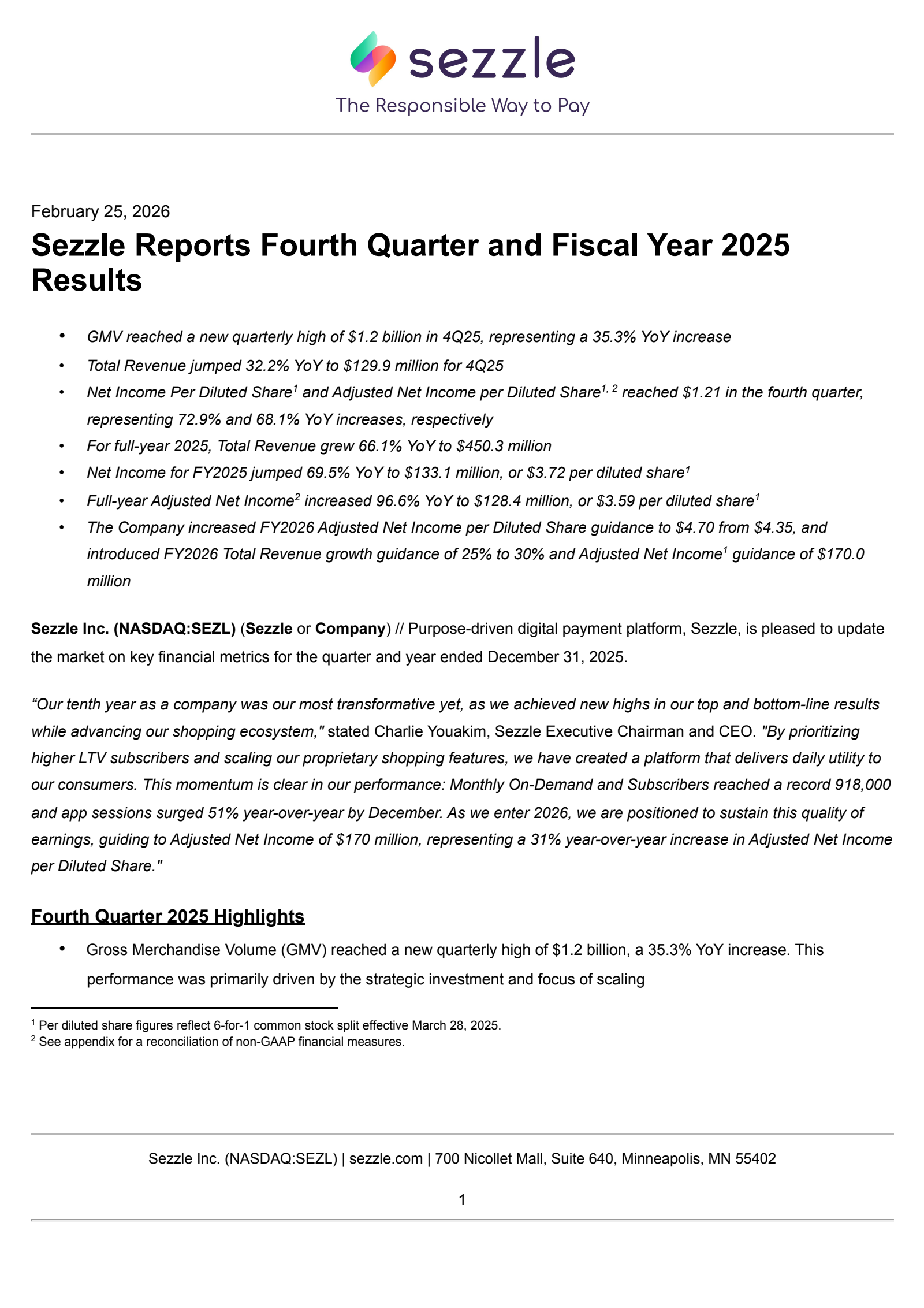 Sezzle's Q4 2025 Press Release