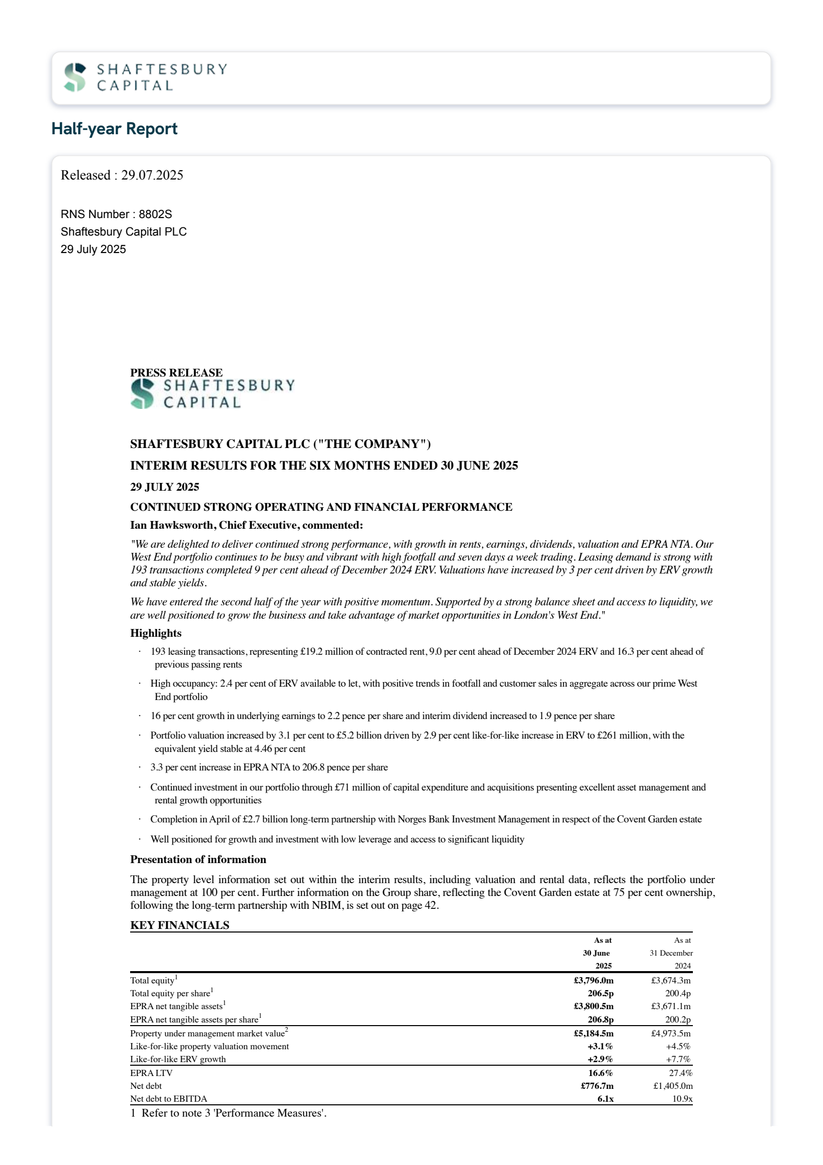 Shaftesbury Capital's H1 2025 Interim report