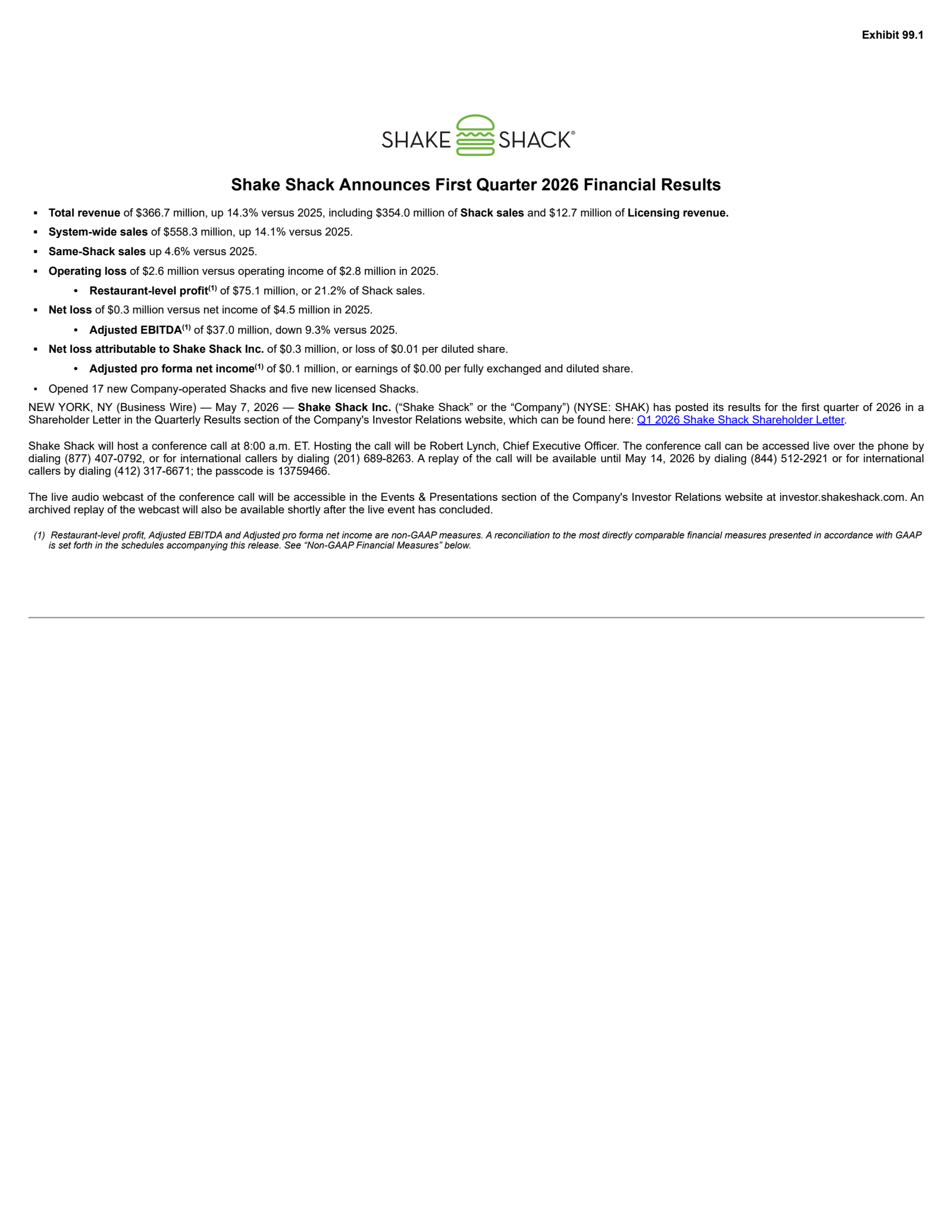 Shake Shack's Q1 2026 Press Release