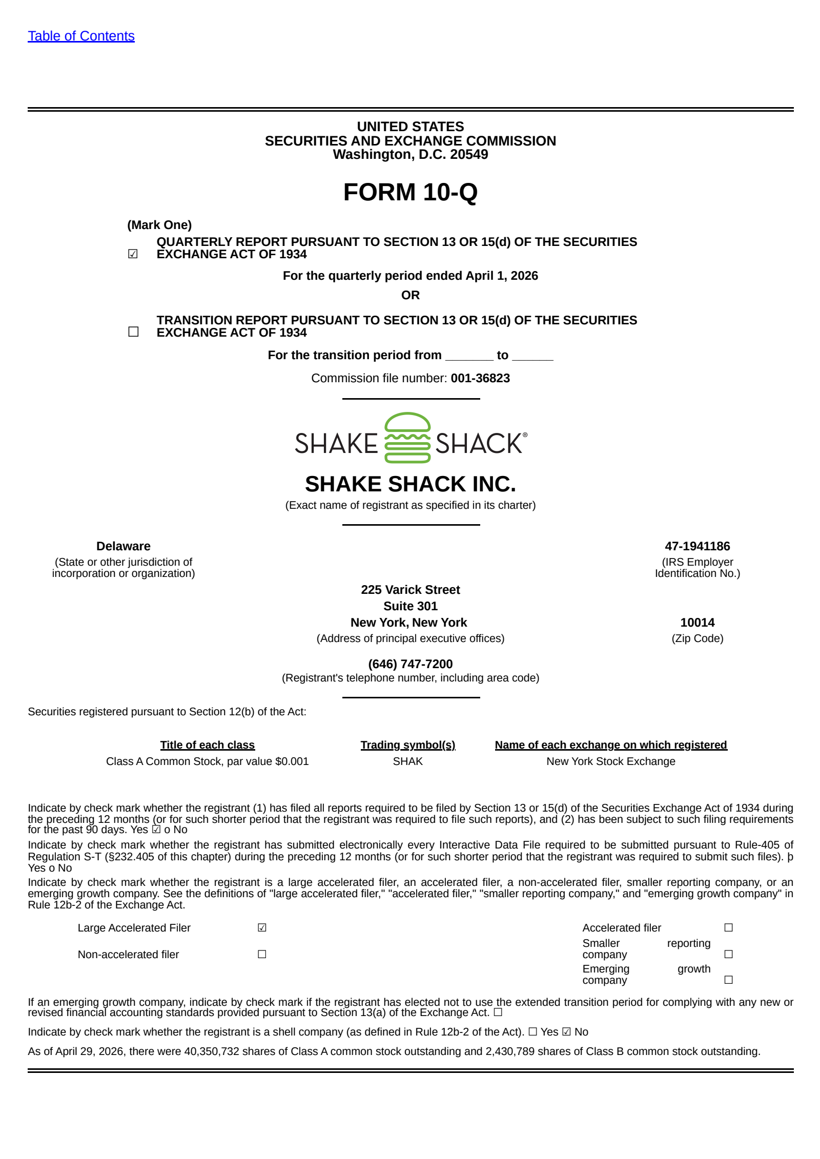 Shake Shack's Q1 2026 Quarterly report