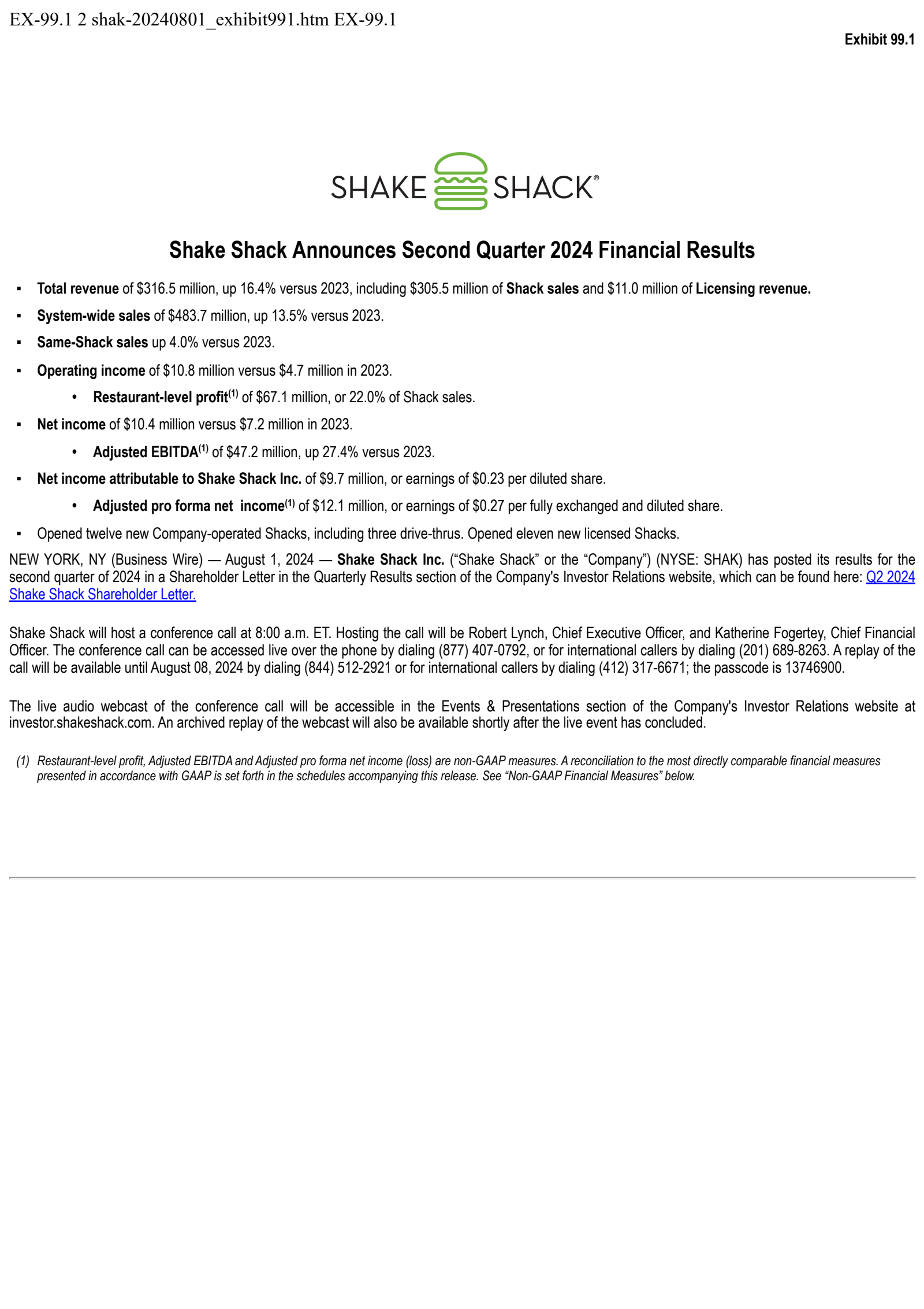 Shake Shack's Q2 2024 Press Release