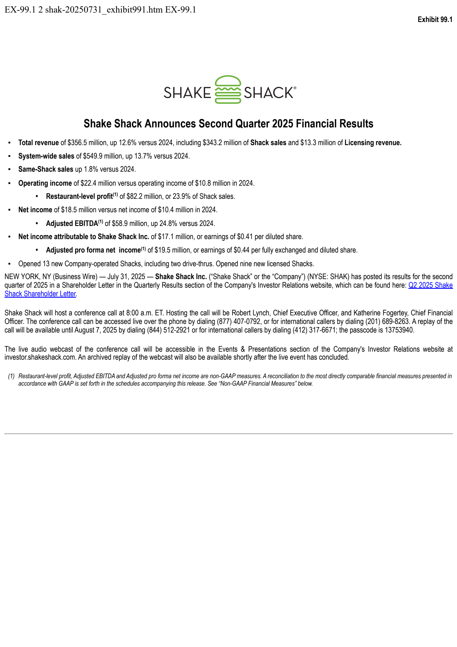 Shake Shack's Q2 2025 Press Release