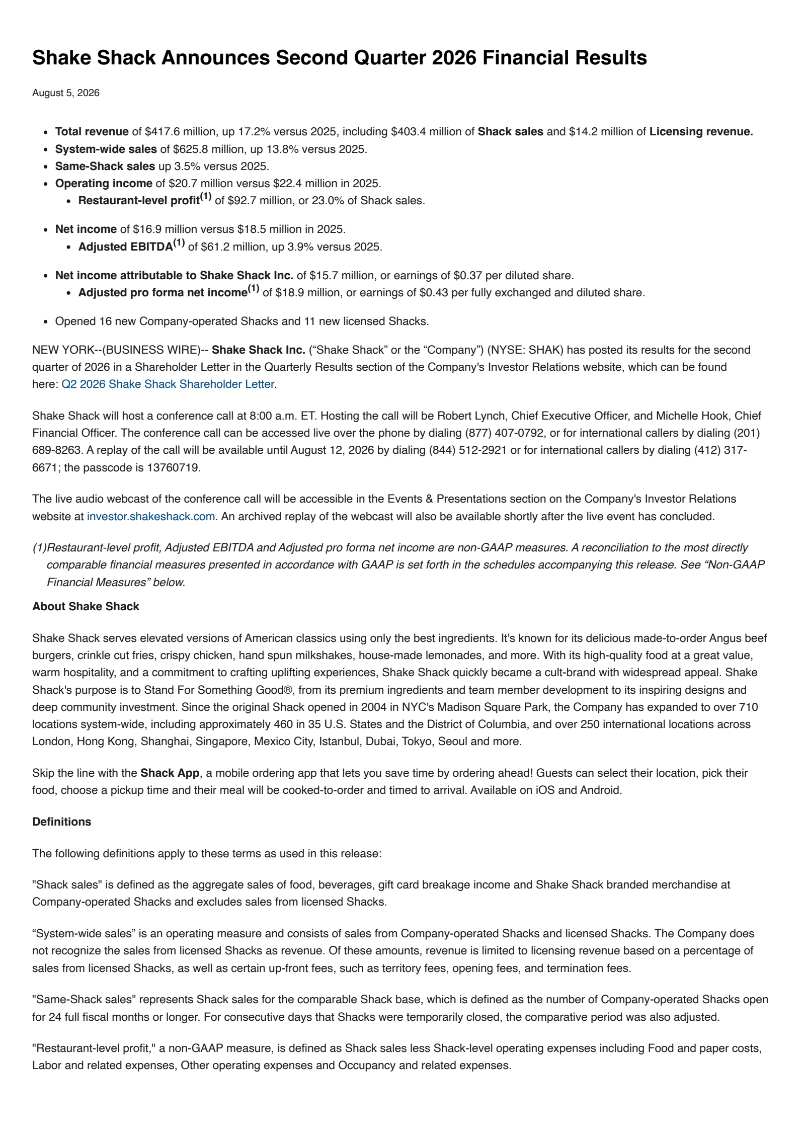 Shake Shack's Q2 2026 Press Release