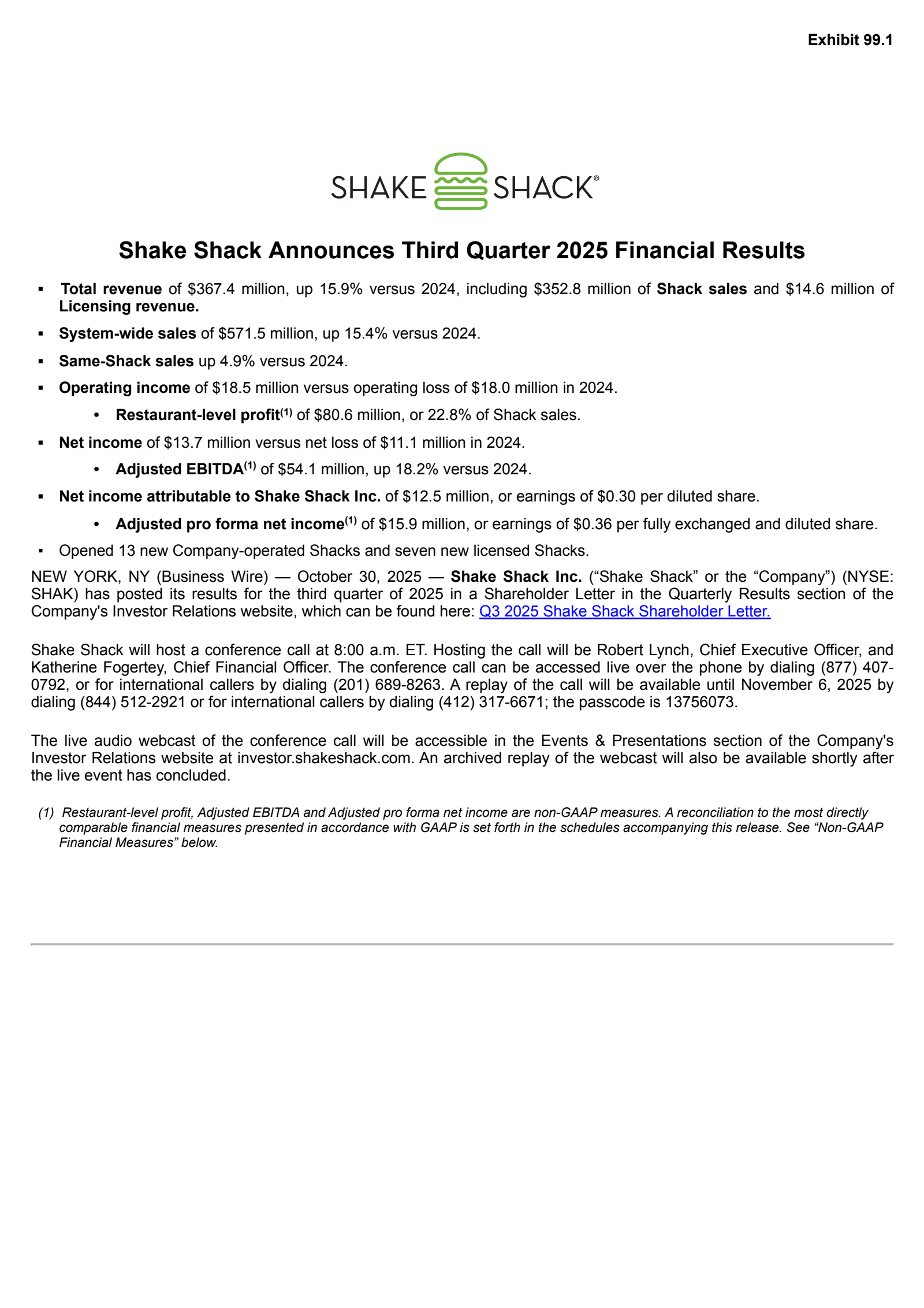 Shake Shack's Q3 2025 Earnings Release