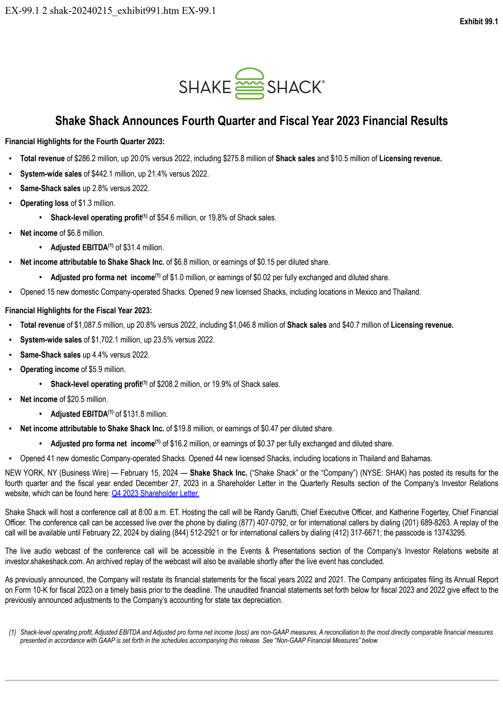 Shake Shack's Q4 2023 Press Release