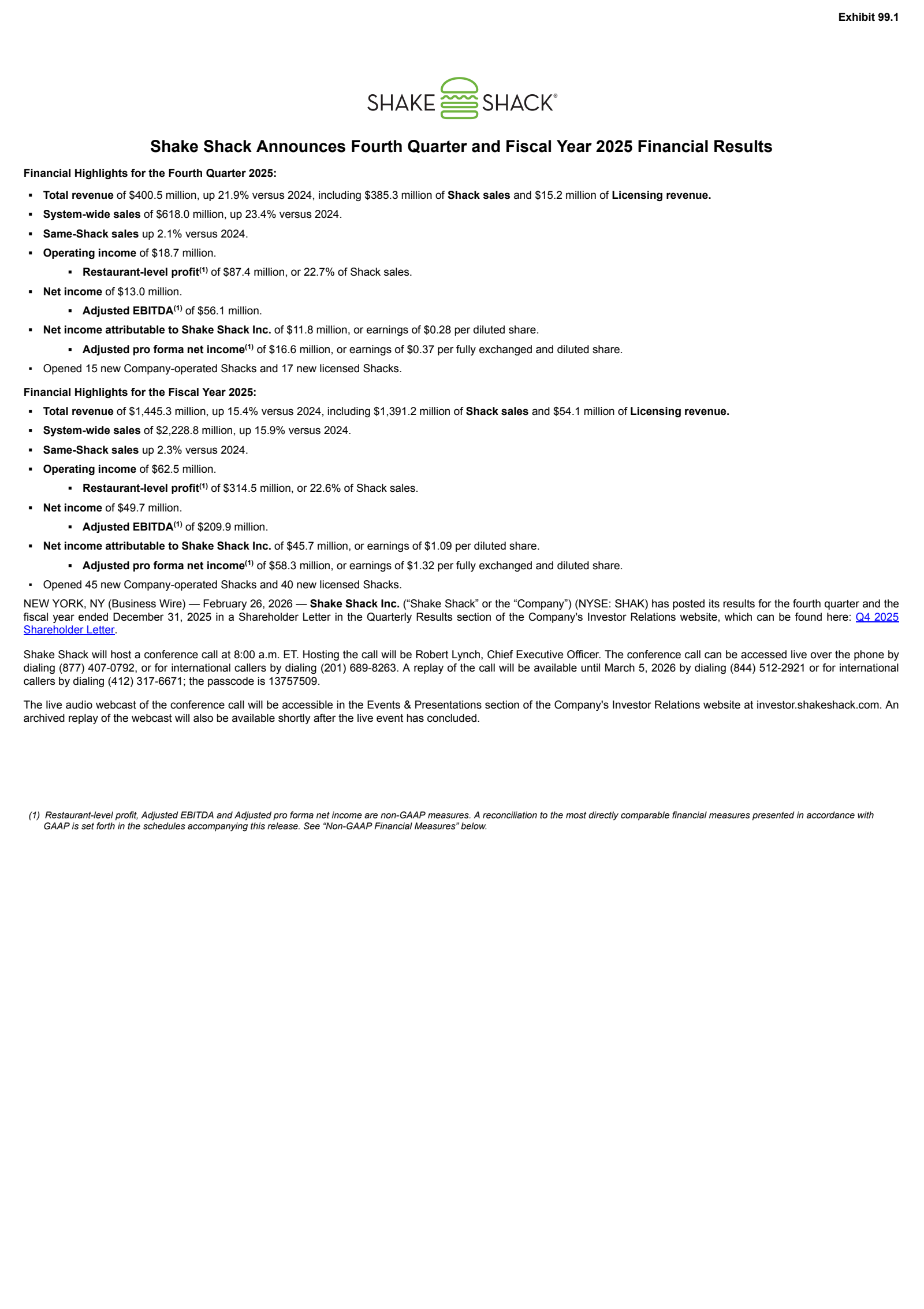 Shake Shack's Q4 2025 Press Release