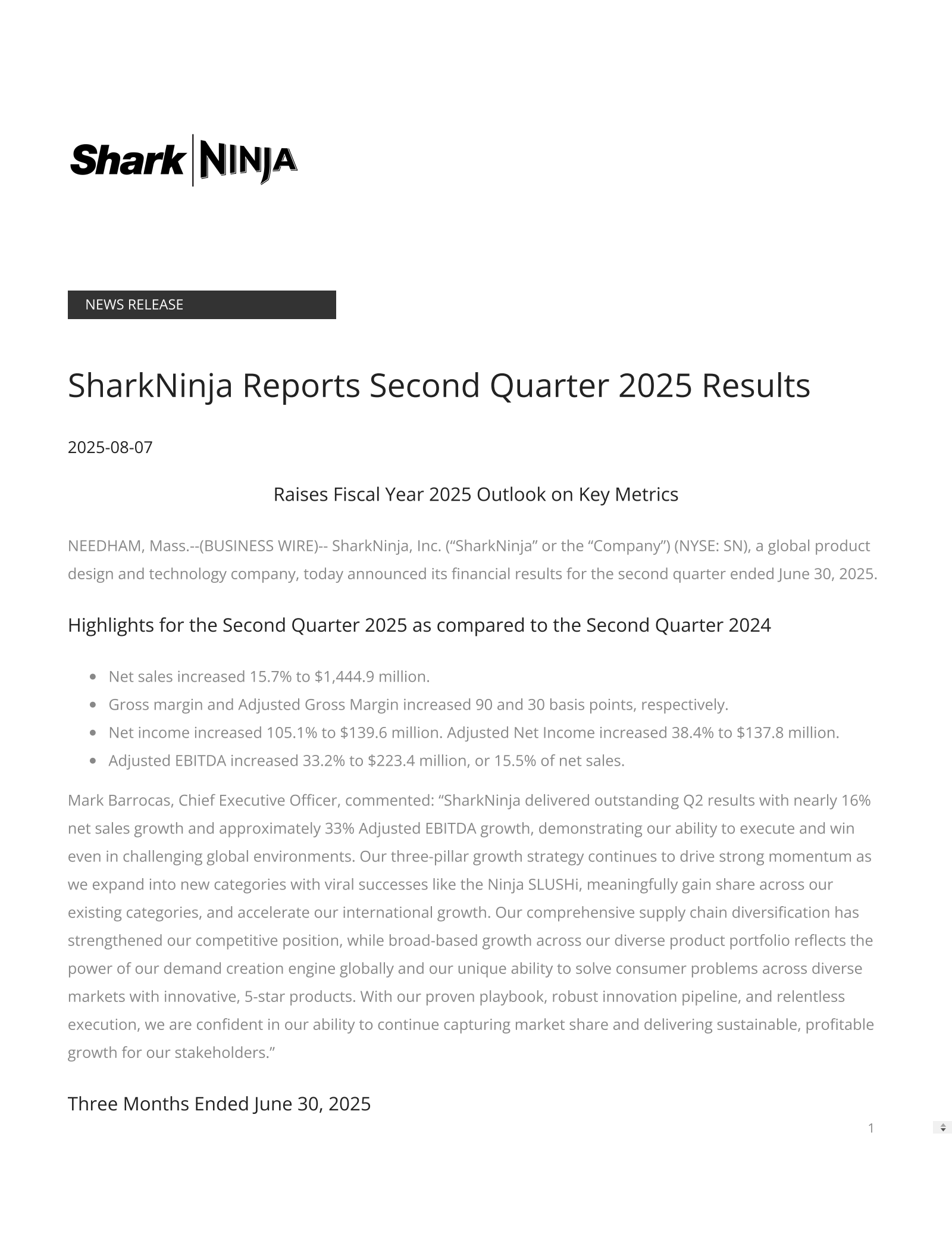SharkNinja's Q2 2025 Press Release