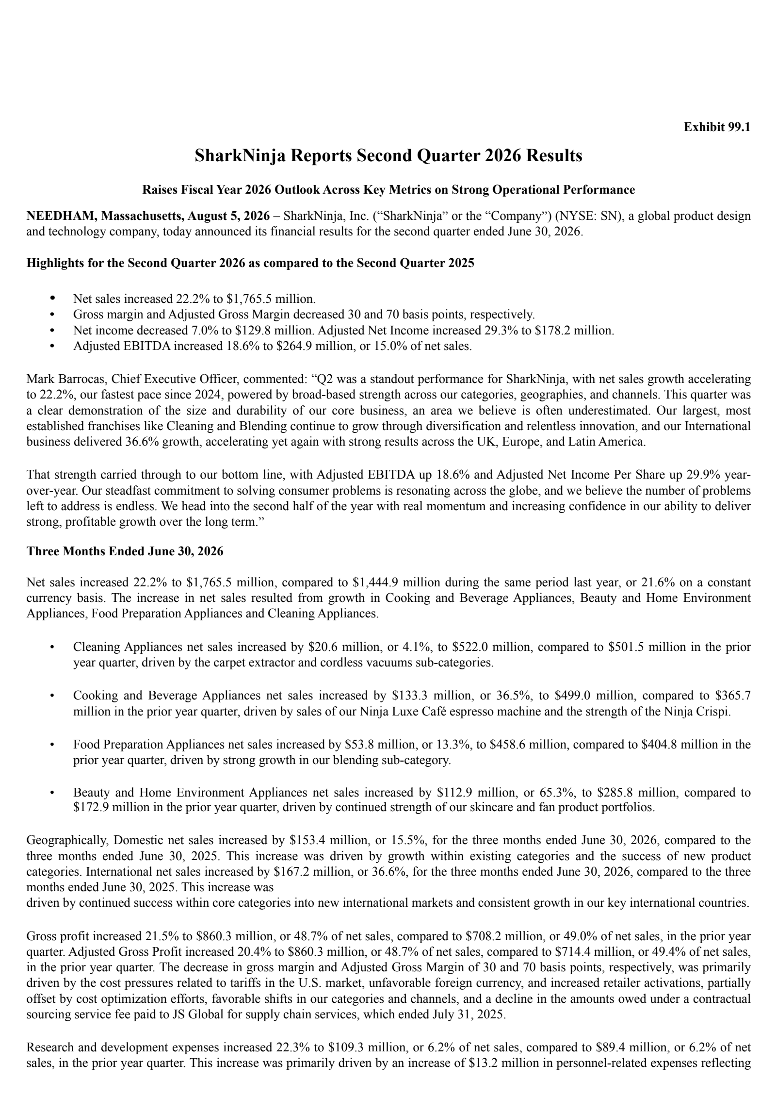 SharkNinja's Q2 2026 Press Release