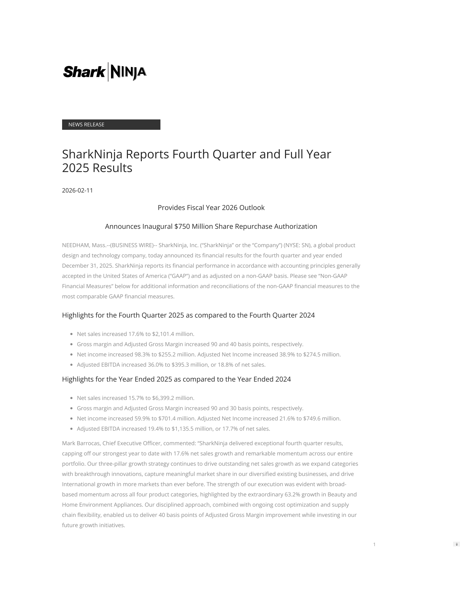 SharkNinja's Q4 2025 Press Release