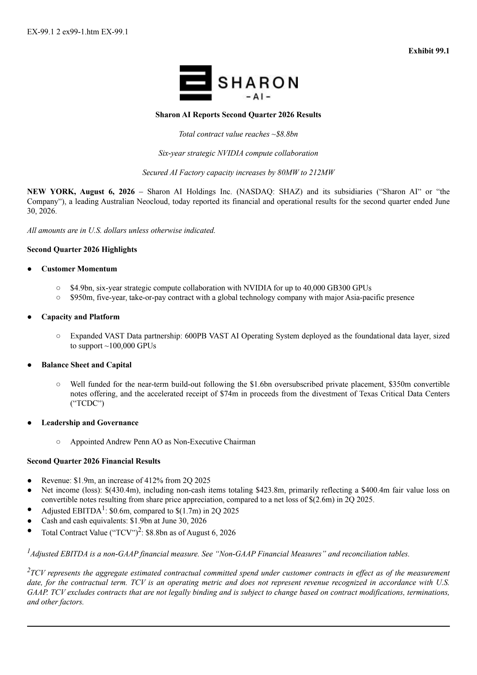 SharonAI Holdings, Inc. Class A Common Stock's Q2 2026 Press Release