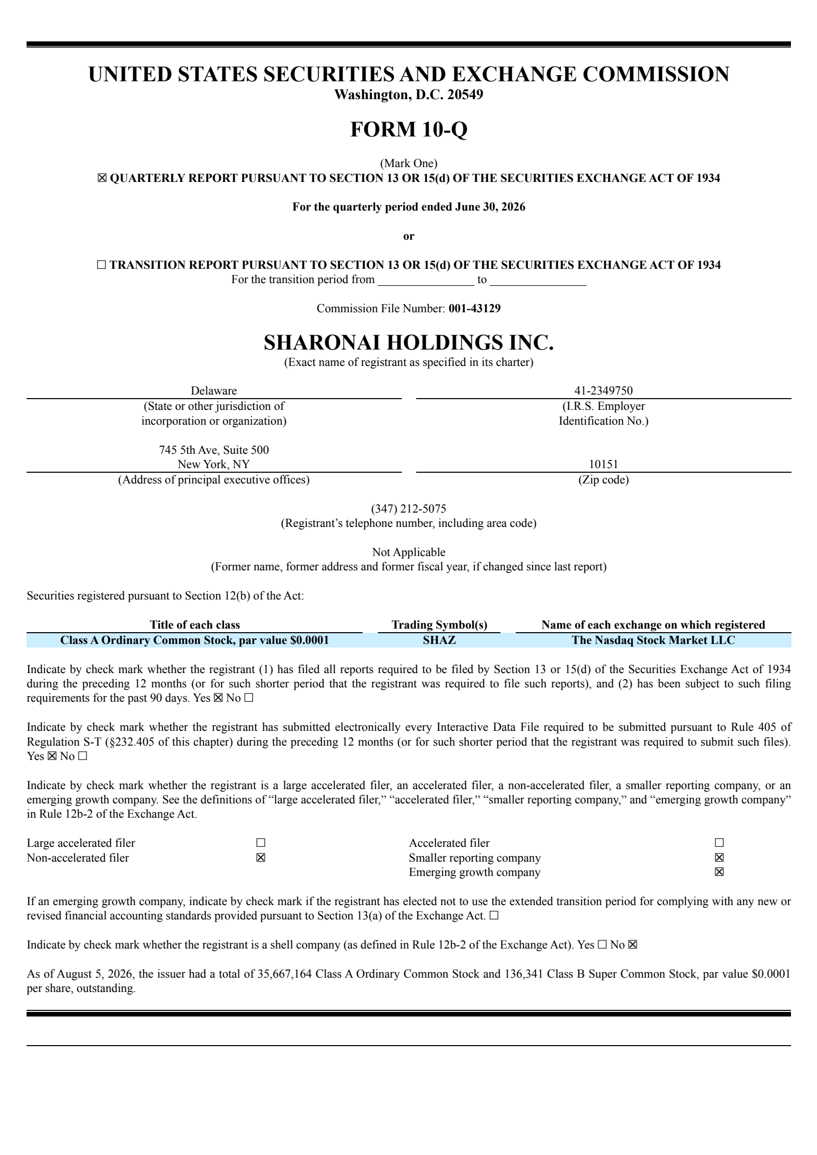 SharonAI Holdings, Inc. Class A Common Stock's Q2 2026 Quarterly report