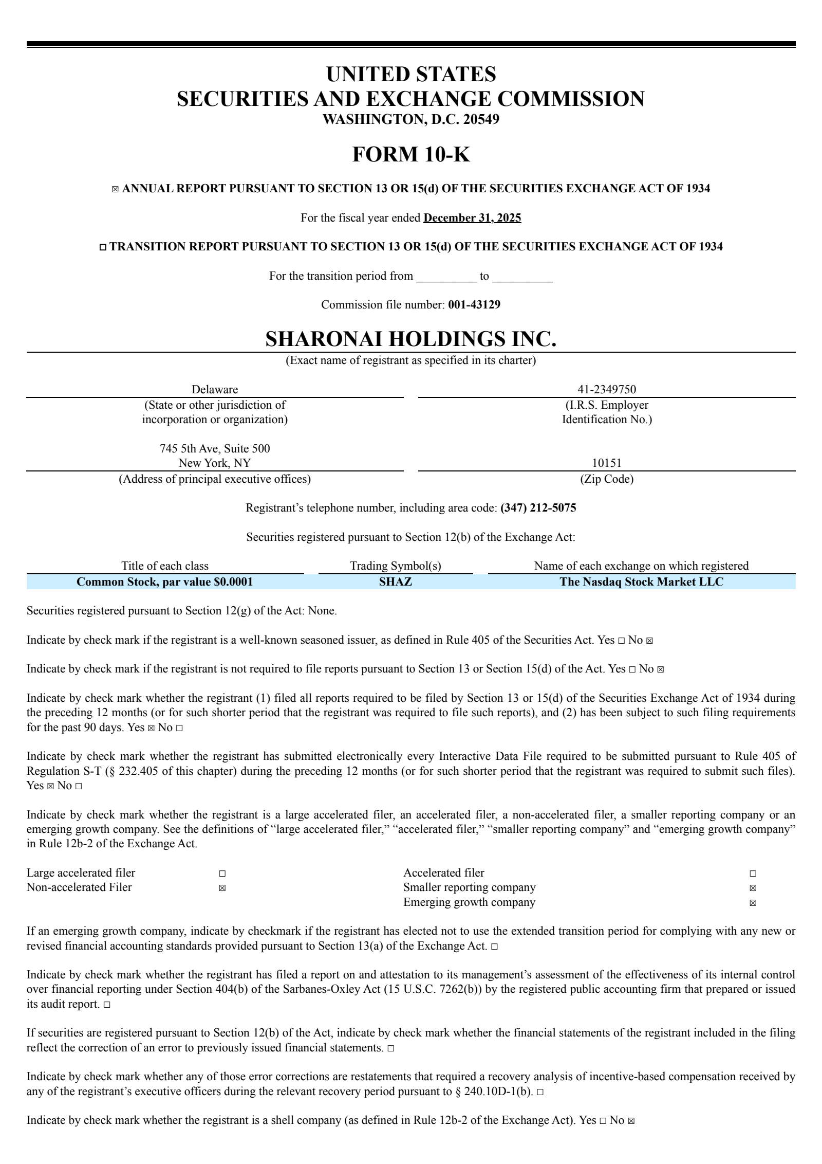 SharonAI Holdings, Inc. Class A Common Stock's Q4 2025 Annual report