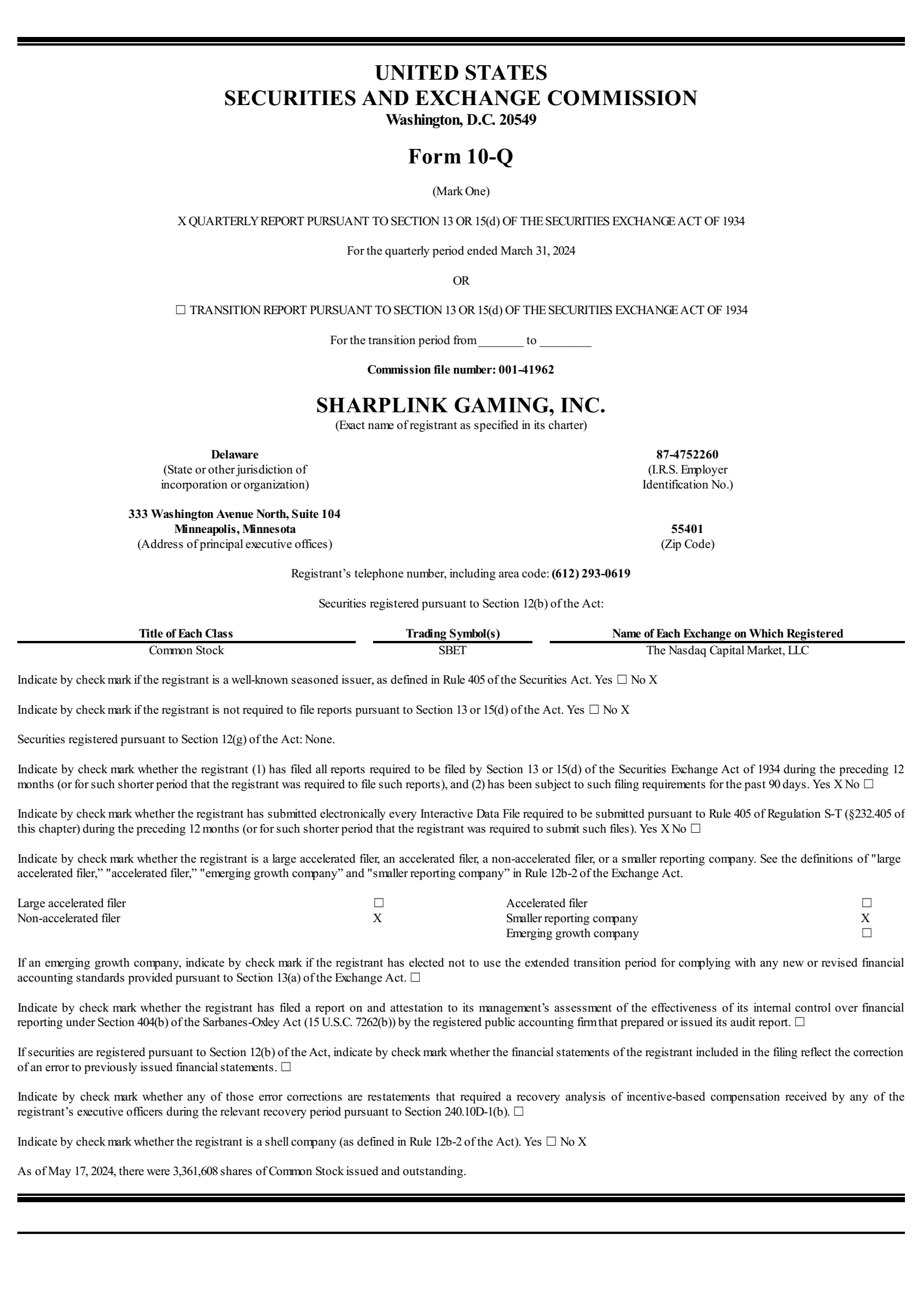 Sharplink Gaming's Q1 2024 Quarterly Report