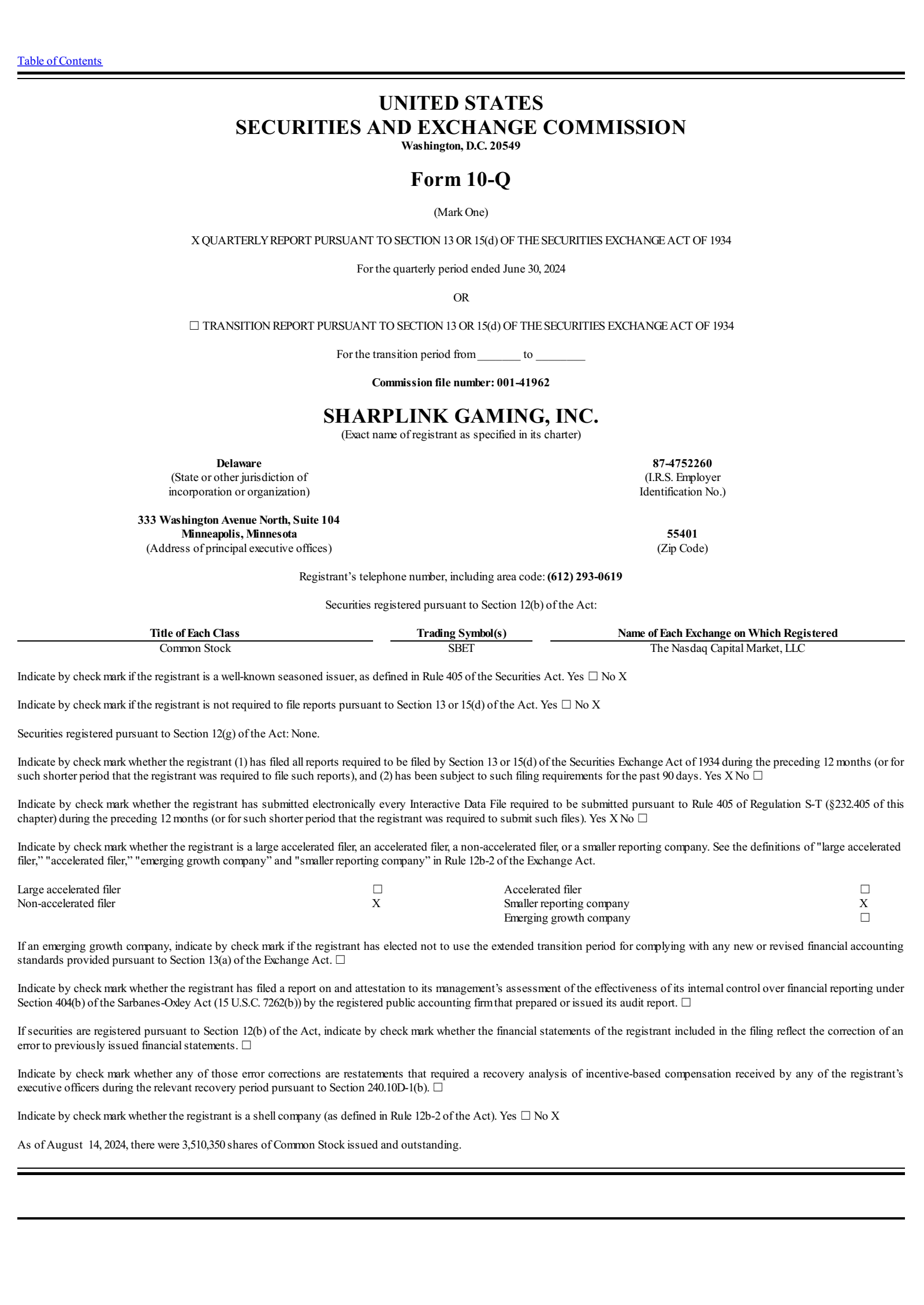Sharplink Gaming's Q2 2024 Quarterly Report