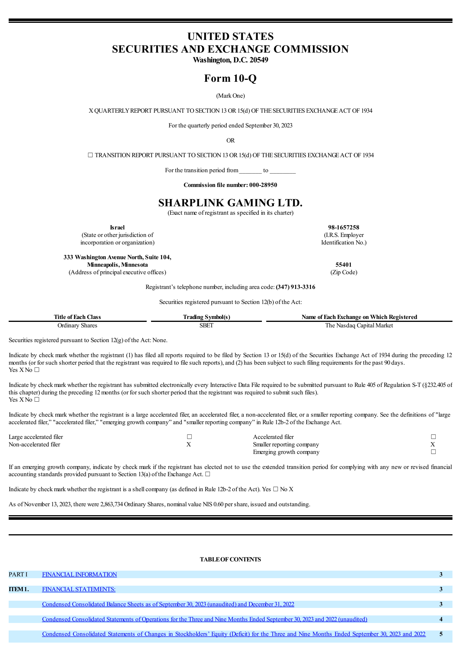 Sharplink Gaming's Q3 2023 Quarterly Report