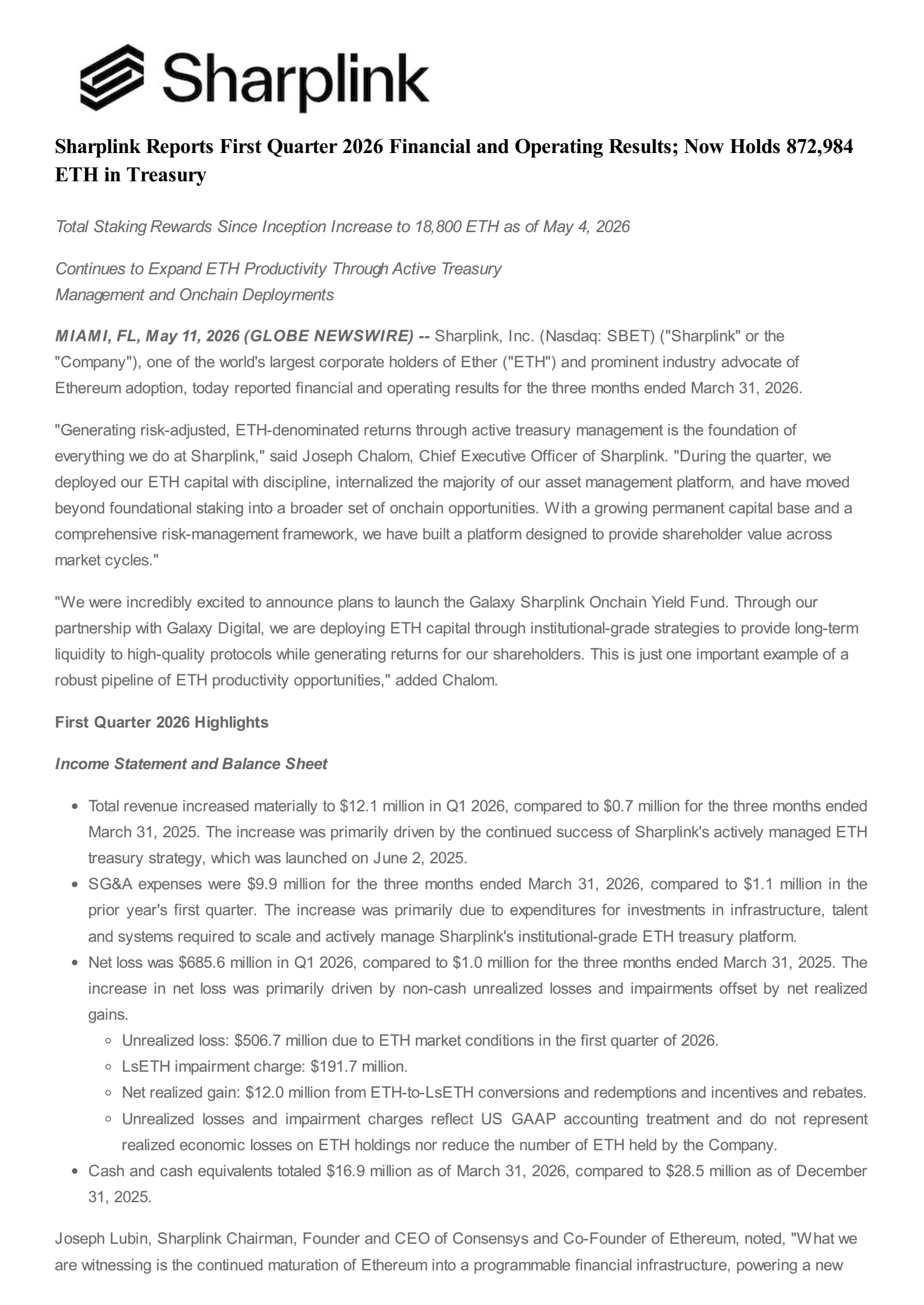 Sharplink Gaming's Q1 2026 Interim report
