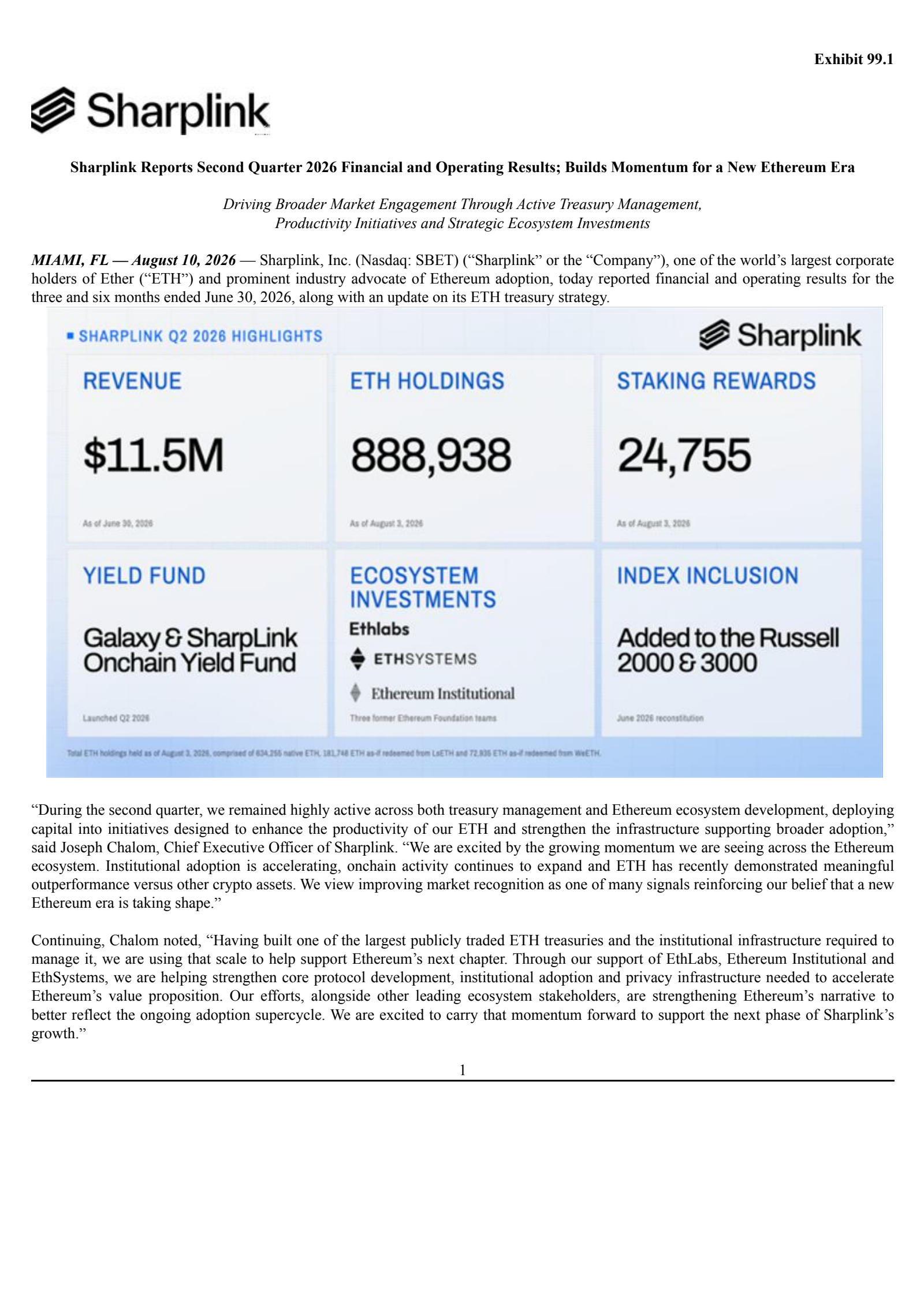 Sharplink Gaming's Q2 2026 Press Release
