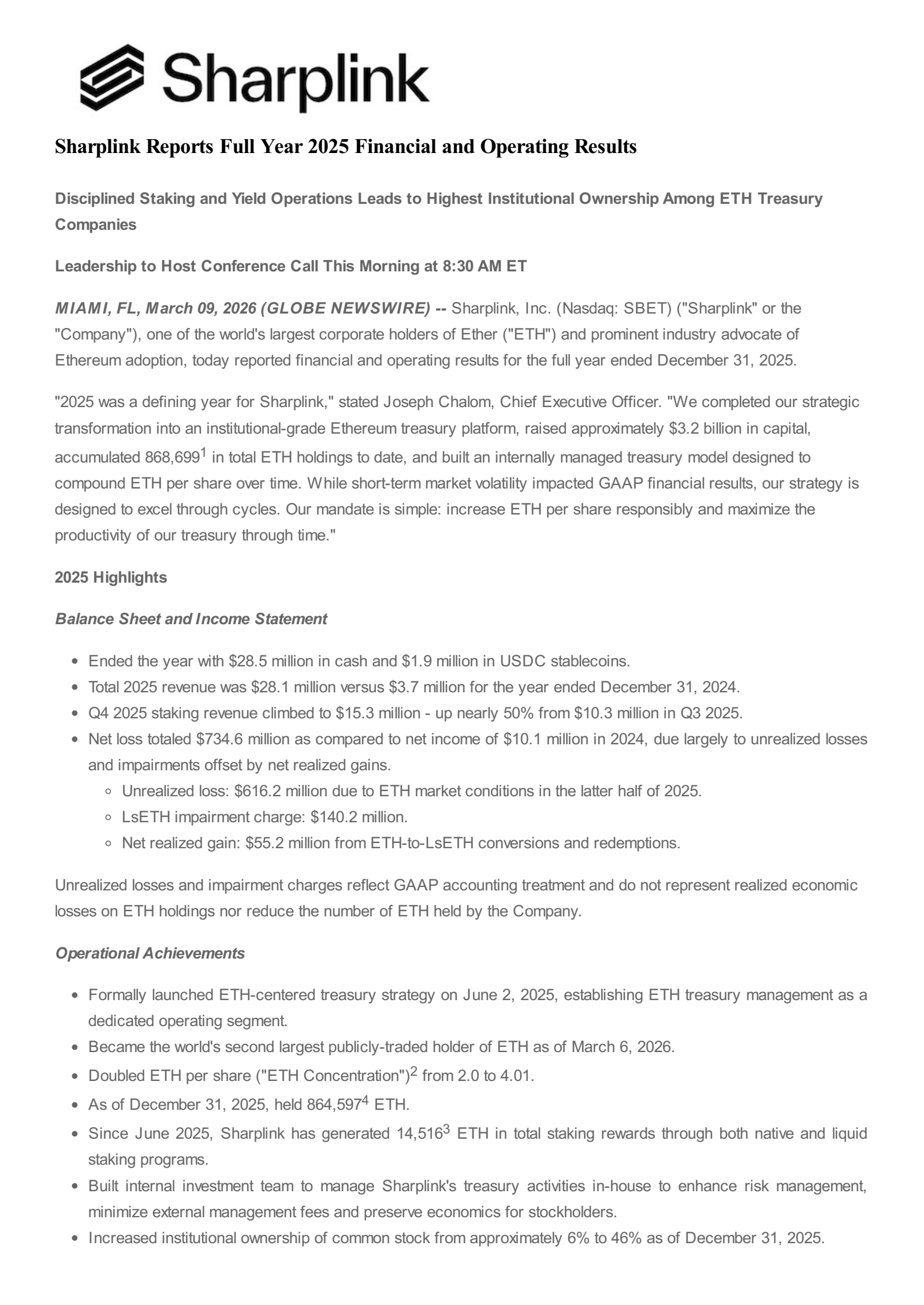 Sharplink Gaming's Q4 2025 Press Release