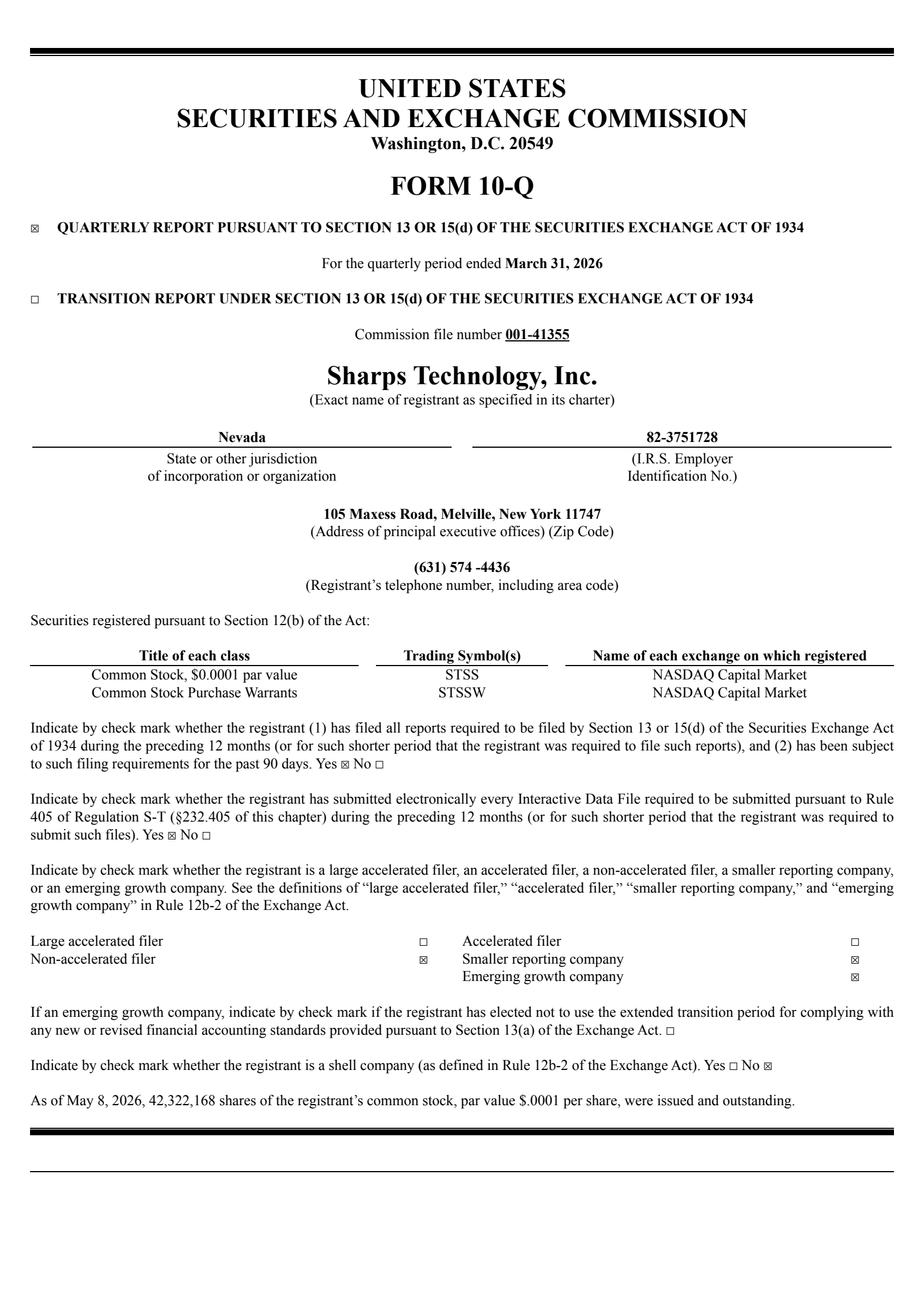 Sharps Technology's Q1 2026 Quarterly report
