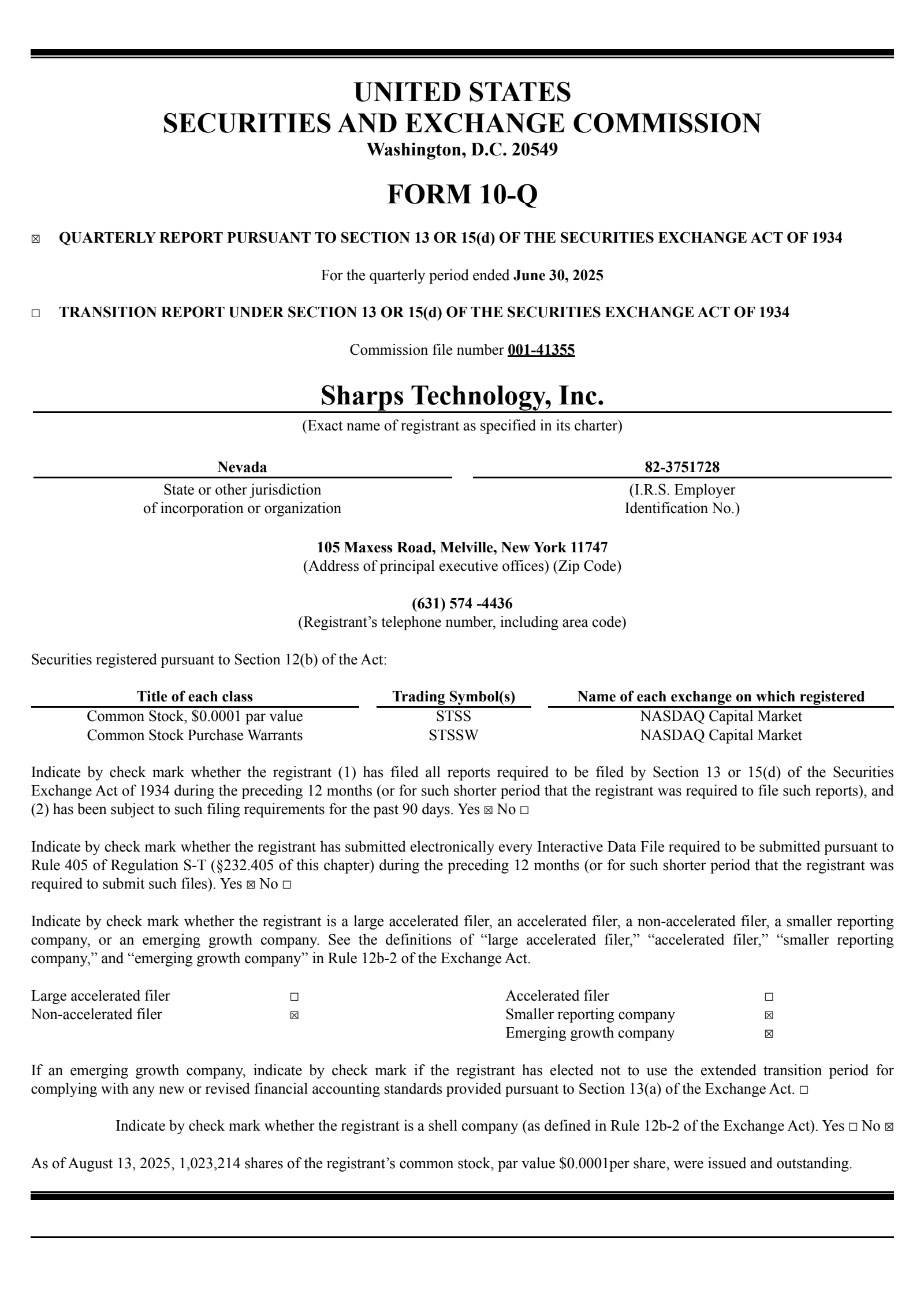 Sharps Technology's Q2 2025 Quarterly report